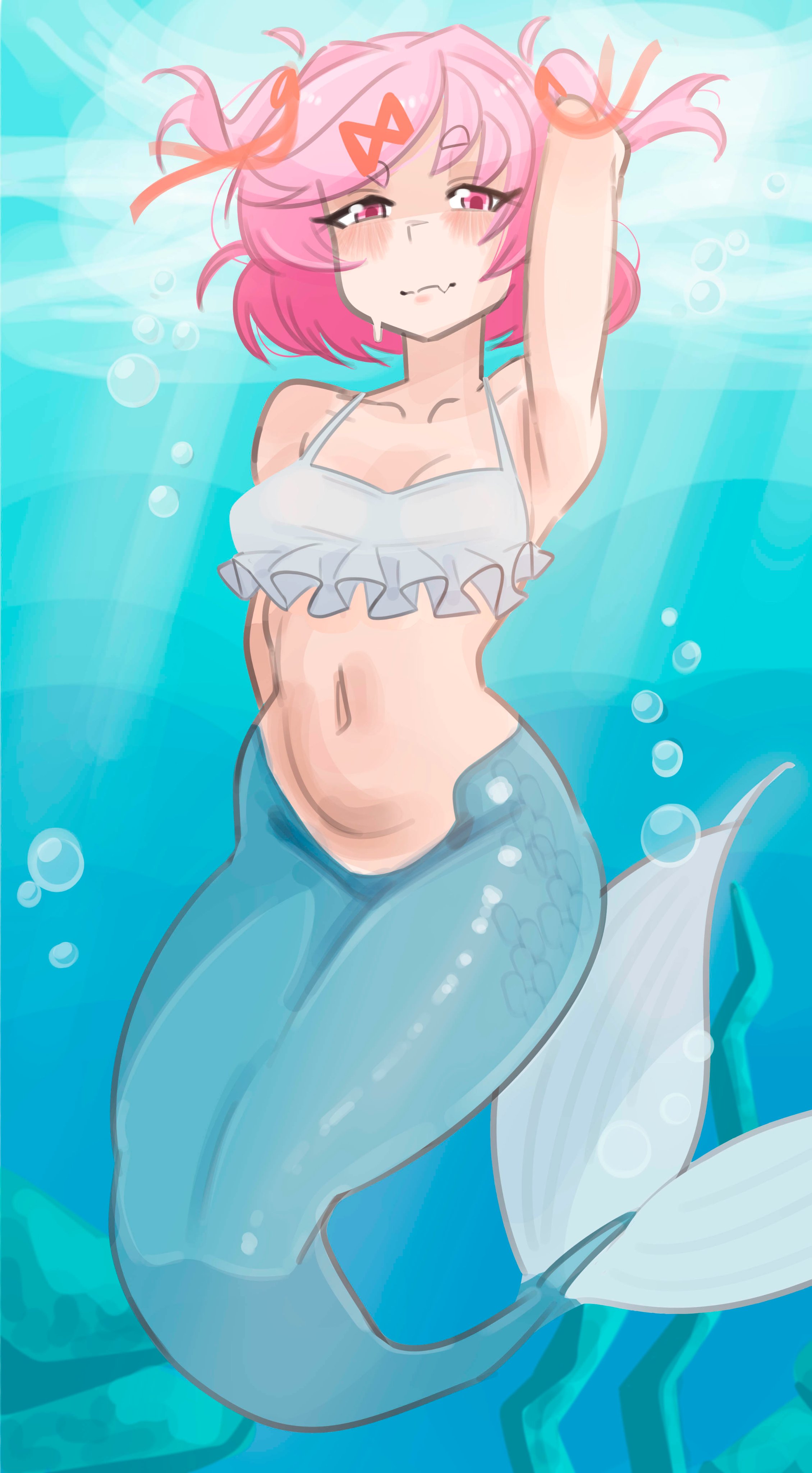 1girl, 1girls, absurdres, air bubble, armpits, bare shoulders, blue tail, breasts, bubble, camisole, doki doki literature club, emiillb, fang, female, fins, frilled camisole, frills, hair ornament, hair ribbon, highres, jpeg, medium hair, merfolk, mermaid, midriff, monster girl, monsterification, natsuki (doki doki literature club), pink eyes, pink hair, ribbon, scales, skin fang, small breasts, solo, tail, twintails, underwater, white camisole