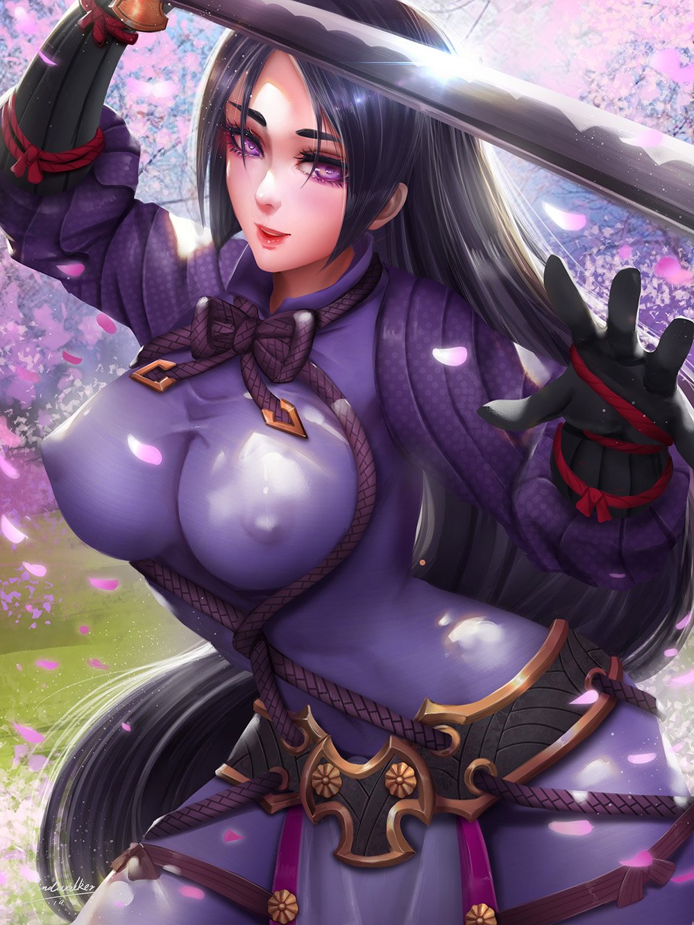 big breasts, black hair, bodysuit, breasts, fate (series), fate/grand order, female, female only, long hair, mature female, minamoto no raikou (fate/grand order), nipples, nipples visible through clothing, purple eyes, solo, solo female, solo focus, windwalker