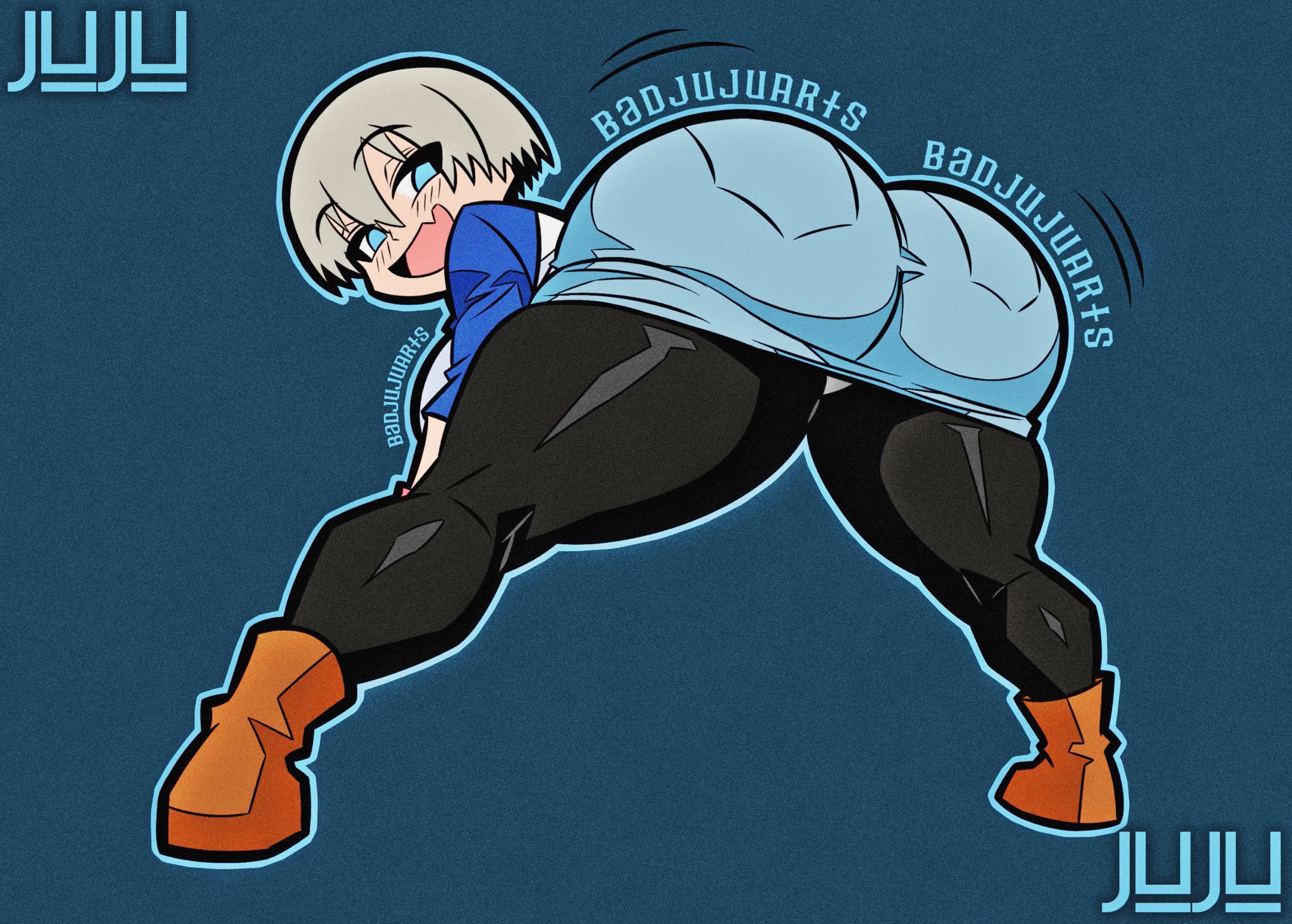 ankle boots, ass focus, ass shake, baby blue clothing, back view, badjujuarts, bent over, black pantyhose, blue background, blue clothing, blue eyes, blue skirt, boots, bowl cut, brat, brown boots, bubble butt, denim shorts, denim skirt, fang, feet apart, female, from behind, full body, grey hair, huge ass, kneepits, large breasts, legs apart, light skin, light-skinned female, looking back, mesugaki, motion lines, outline, pantyhose, raglan sleeves, redraw, shaking ass, shorts, simple background, skin fang, skirt, smile, smug, solid color background, solo, standing, uzaki hana, uzaki-chan wa asobitai!, white outline