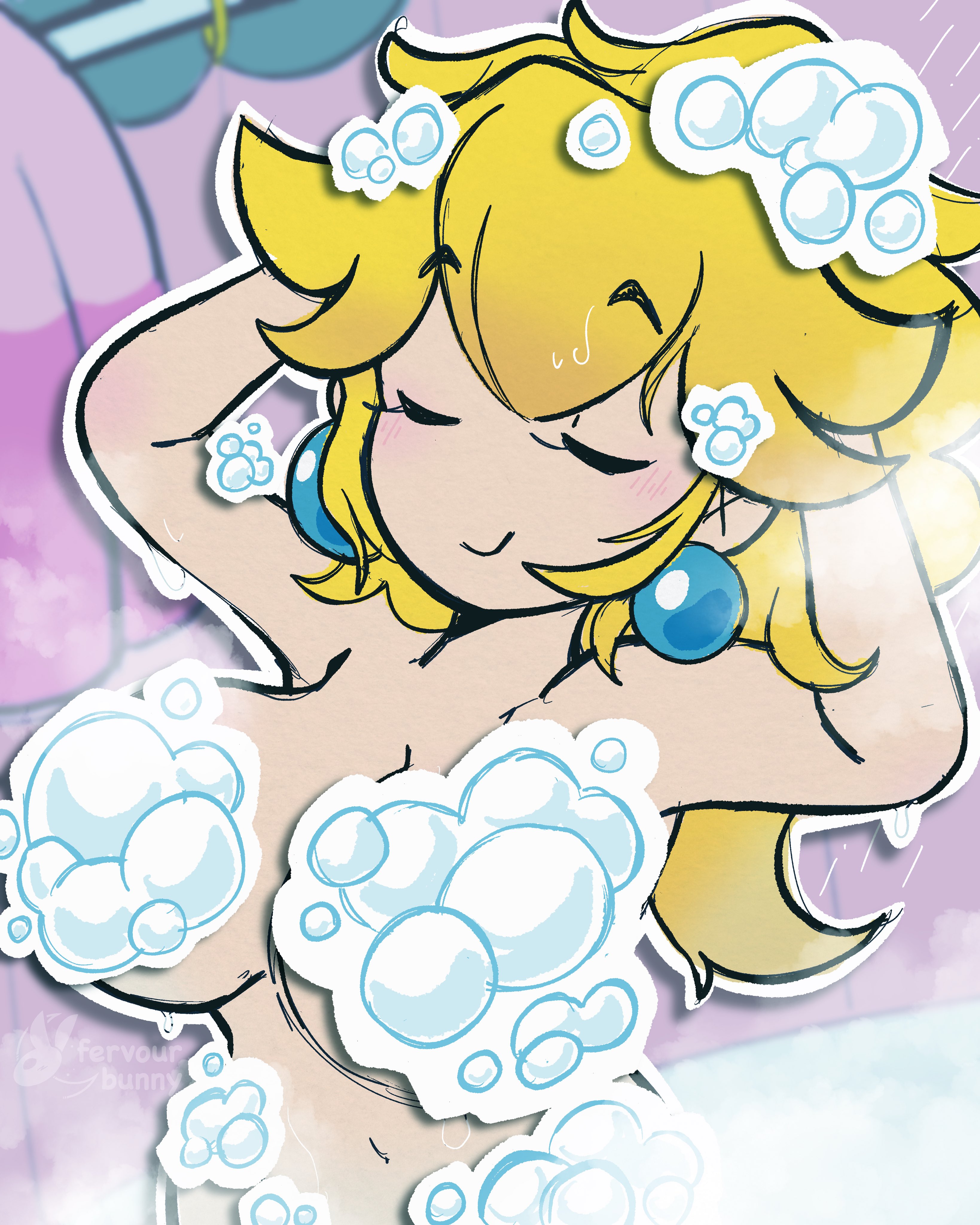 1girls, blonde, blonde female, blonde hair, blushing, breasts, canonical scene, convenient censoring, convenient censorship, earrings, female, fervourbunny, mario (series), naked, nintendo, nude, paper mario, paper peach, princess peach, shower, showering, soap bubbles, soap censor, solo, super mario bros., water