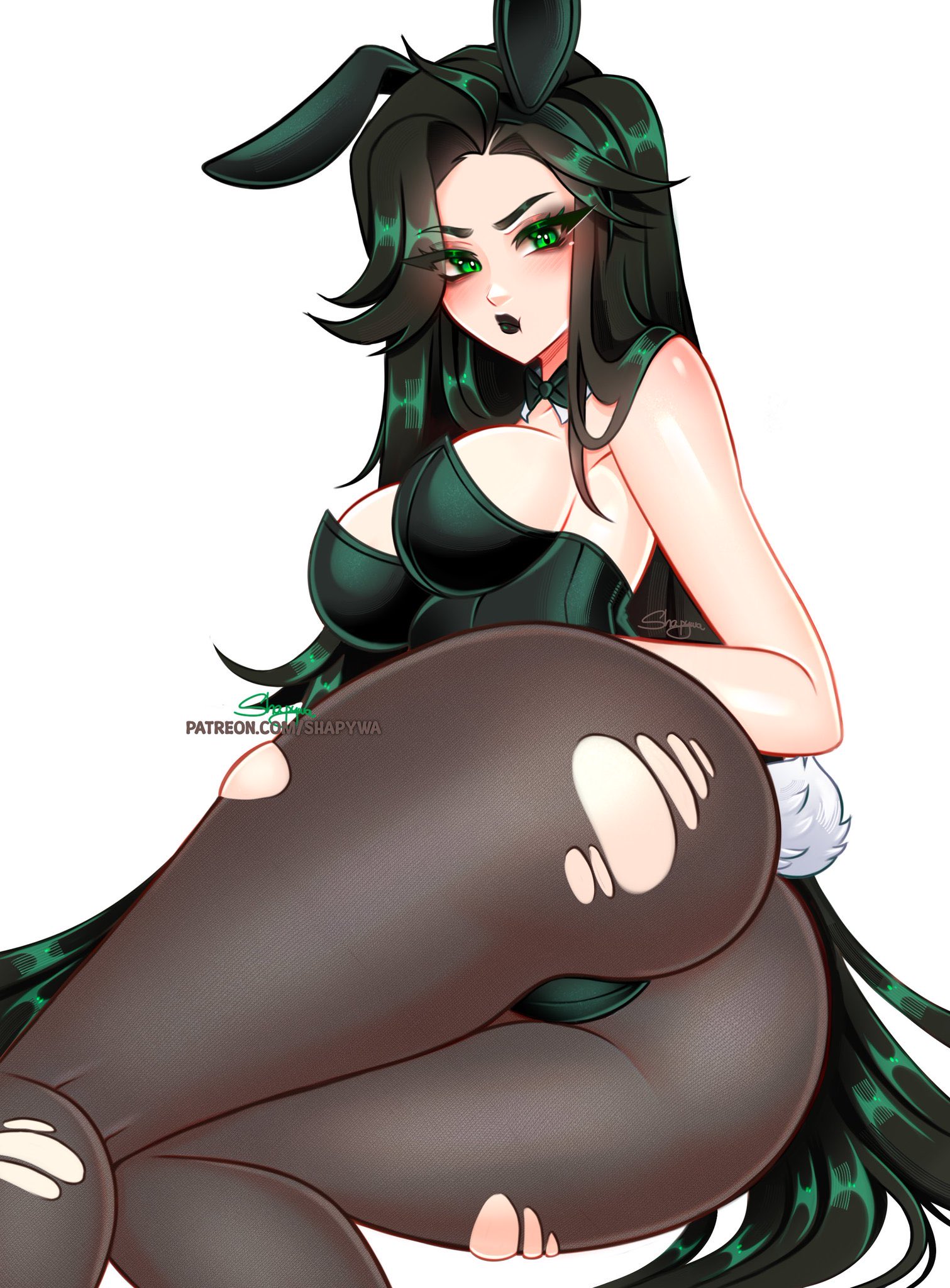 1girls, 2d, ass, breasts, bunny ears, bunny tail, bunnysuit, cleavage, english text, female, female focus, female only, hela, hela (marvel rivals), hi res, large ass, large breasts, light skin, light-skinned female, marvel, marvel rivals, pantyhose, shapywa, solo, text, thick thighs, thighs, wide hips