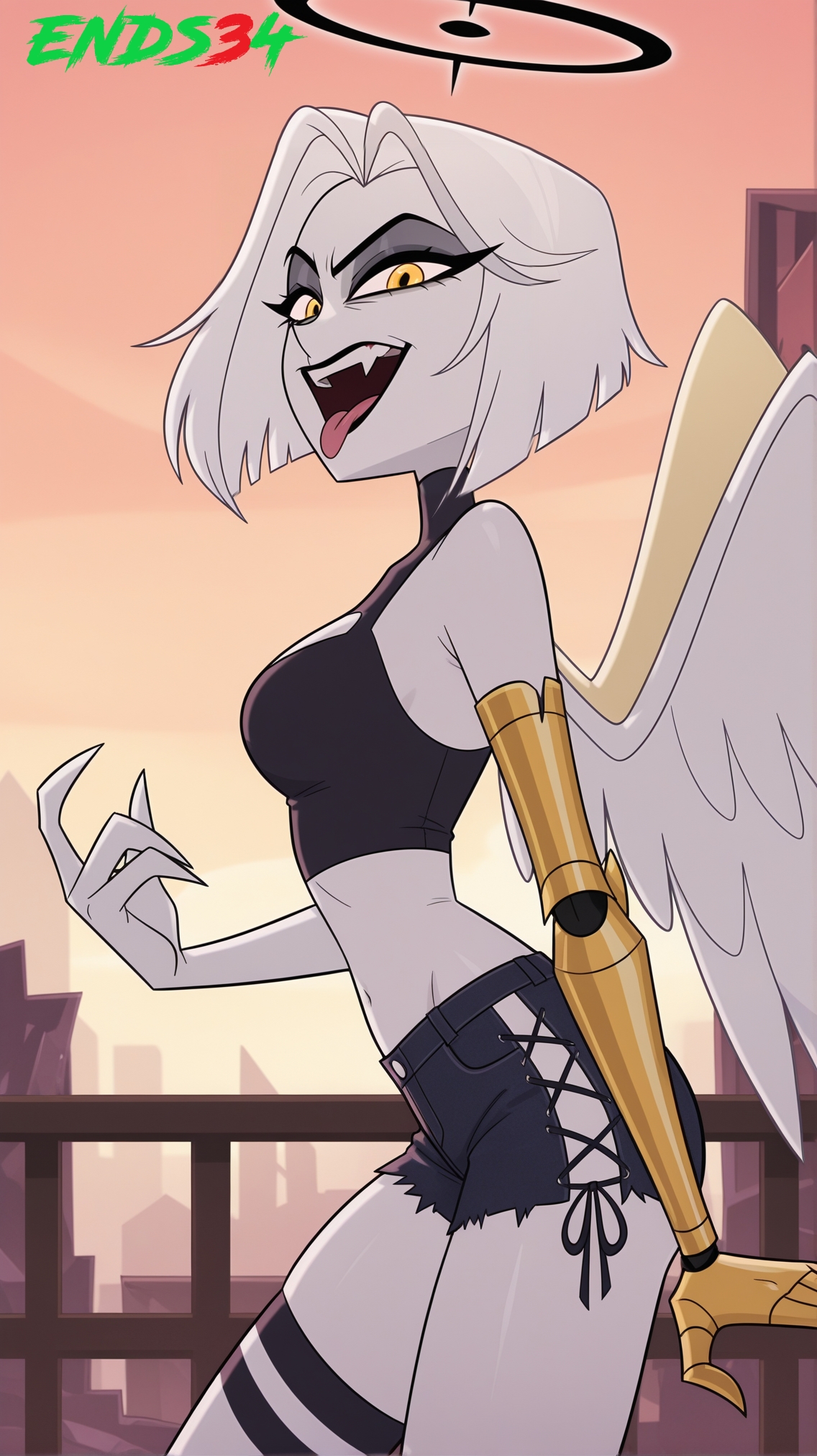 2026, ai generated, ends34, female, female only, goth girl, hazbin hotel, jean shorts, lute (hazbin hotel), short hair, shorts, white hair, wings, yellow eyes