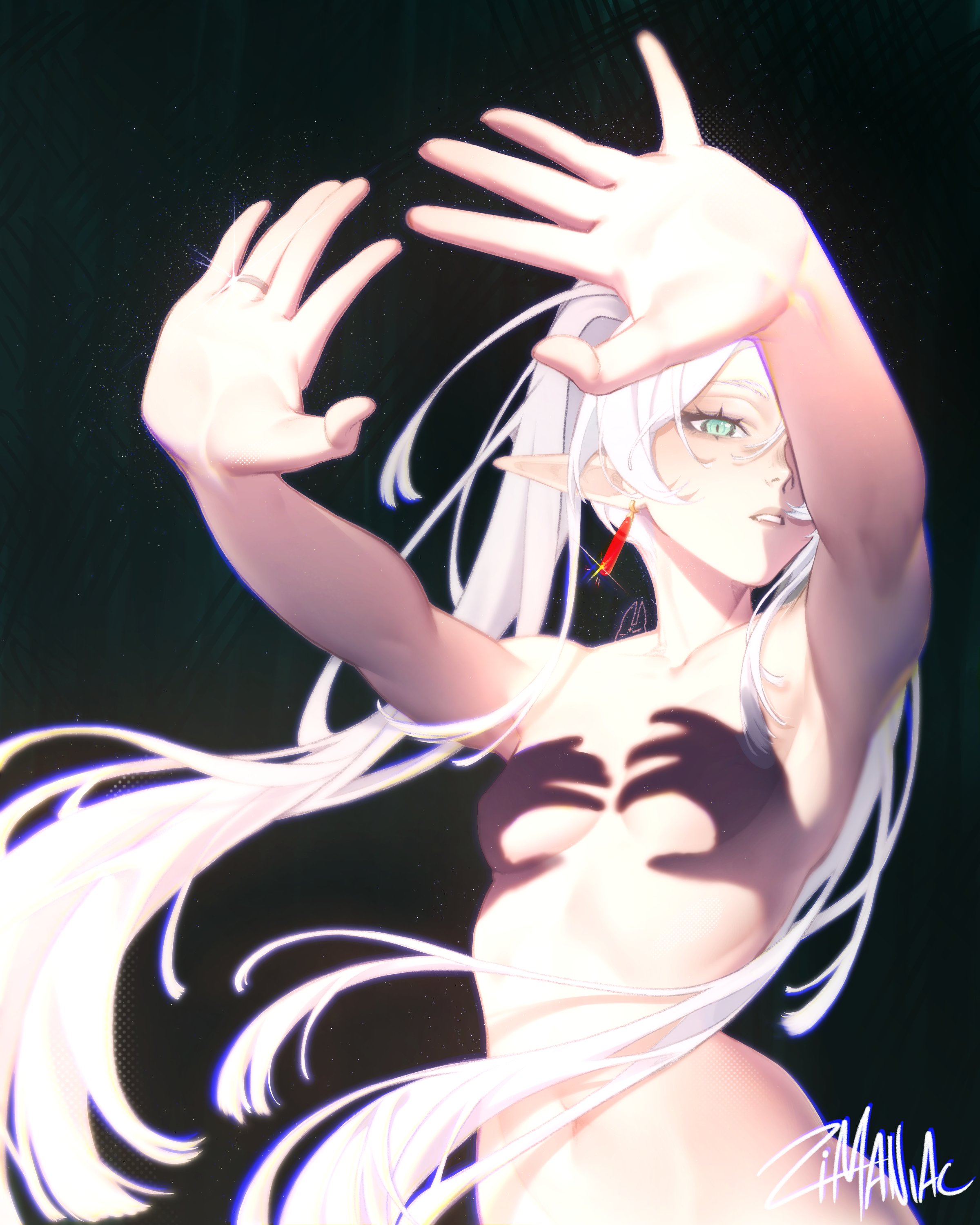 1girls, artistic nude, breasts, convenient censoring, earrings, elf, elf ears, elf female, elf girl, female, female only, frieren, frieren beyond journey's end, green eyes, long hair, small breasts, solo, solo female, white hair, zimaniac