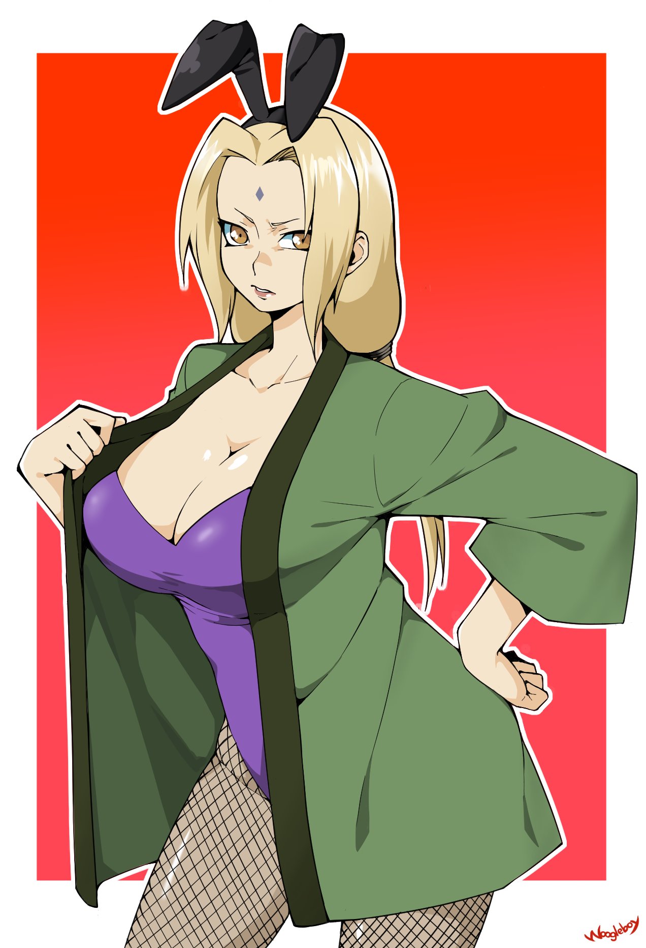 big breasts, blonde hair, breasts, brown eyes, bunny ears, bunny girl, bunnysuit, female, female only, haori, long hair, mature female, naruto, naruto (series), solo, solo female, solo focus, tsunade, twintails, woogleboy