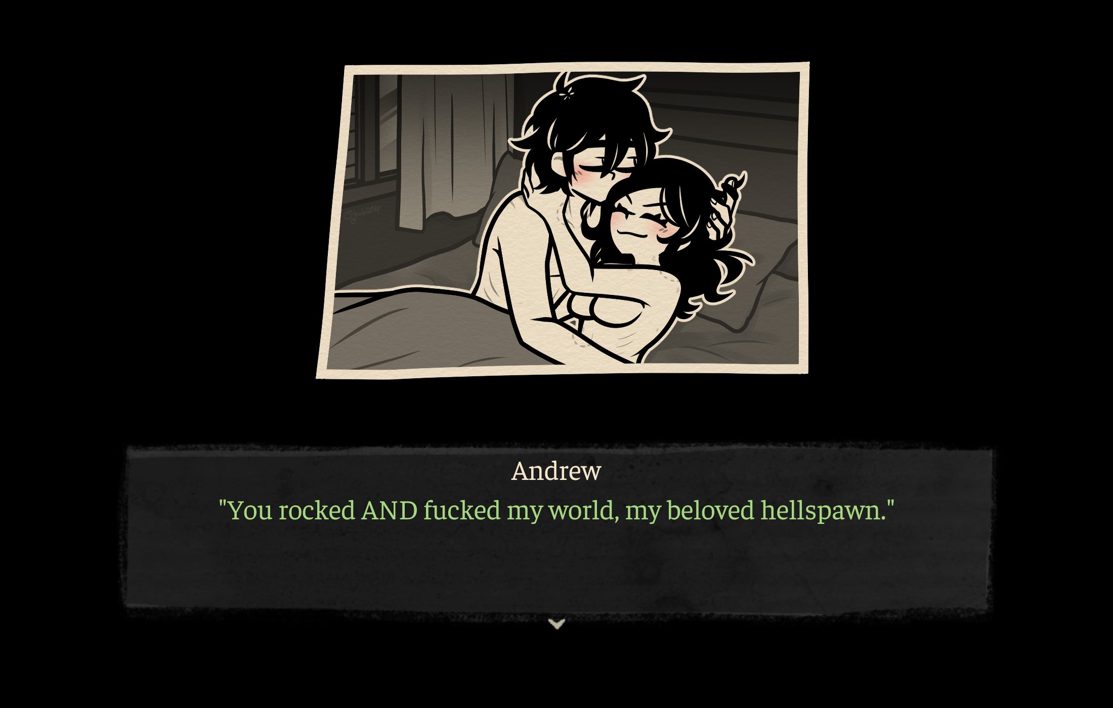 1boy, 1girls, 2d, after sex, andrew graves, ashley graves, bed, bite mark, bite marks, black hair, blush, breasts, brother and sister, bublstep, closed eyes, cuddling, dialogue, english text, female, game ui, gameplay mechanics, hand in hair, happy, incest, kissing, kissing hair, lying on bed, male, nude, scratch marks, scratches, siblings, straight, text, text box, text bubble, the coffin of andy and leyley, wholesome incest