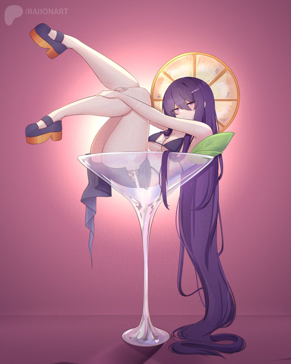 1girl, accurate proportions, alternate breast size, big ass, big thighs, bikini, cocktail glass, cup, dark hair, dark purple hair, doki doki literature club, dot mouth, dot nose, eyes visible through hair, female, footwear, glass, hair, hair between eyes, hairclip, holding legs, legs, lemon, lemon slice, light skin, light-skinned female, lime, long hair, long legs, looking at viewer, martini glass, matching hair/eyes, medium breasts, perfect body, plant, platform footwear, purple background, purple eyes, purple hair, purple hairclip, raionart, revealing clothes, shoes, shorts, side slit shorts, solo, thighs, very long hair, yuri (doki doki literature club)