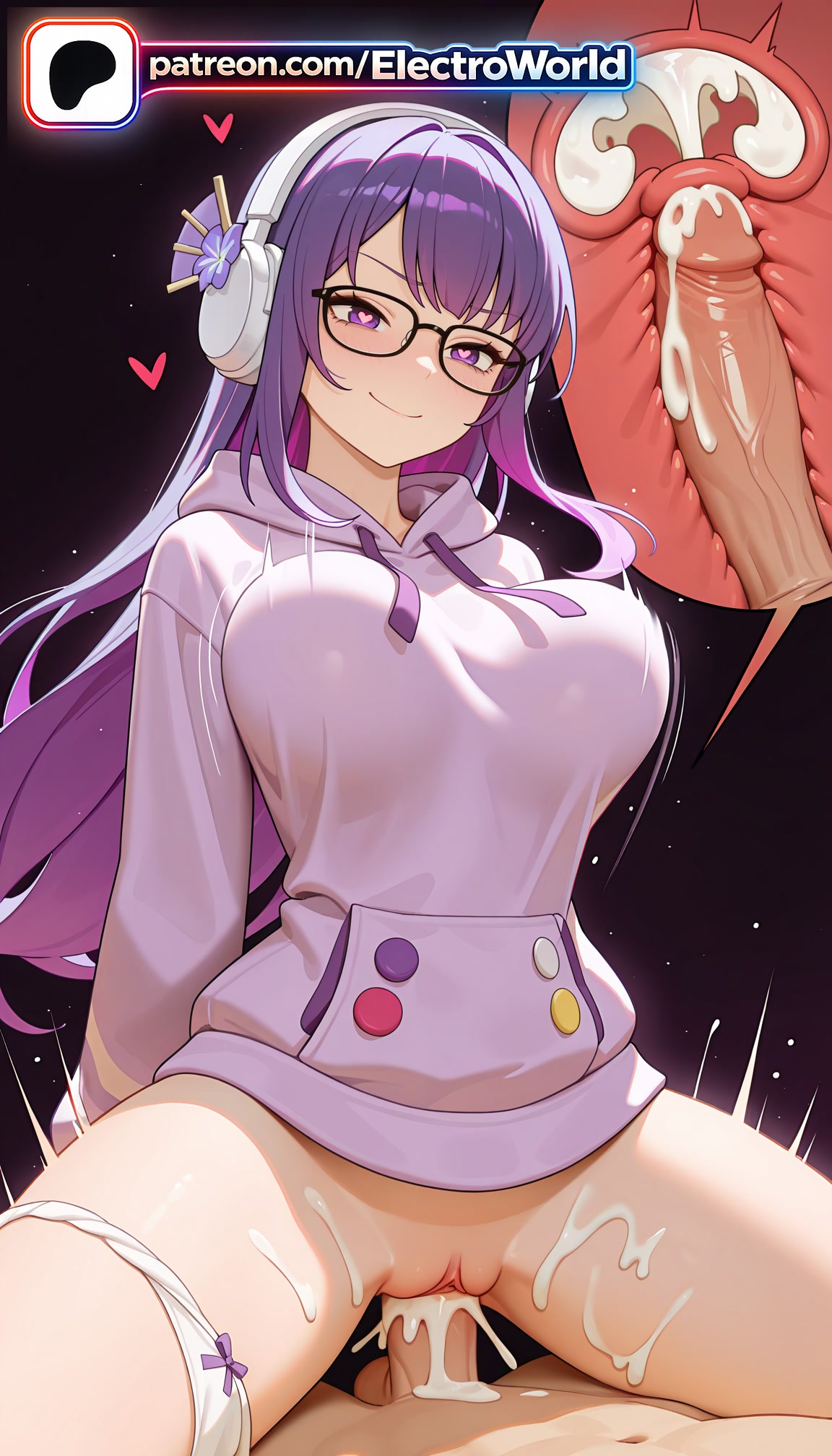 1boy, 1girl, 1girls, 2026, ai generated, artist name, blush, cervix, clitoral hood, cock, cowgirl position, cross-section, cum, cum in pussy, dick, ejaculation, electroworld, exposed pussy, fucking, genshin impact, girl on top, glasses, happy sex, heart, hetero, hi res, high quality, high resolution, highres, intercourse, internal cumshot, juicy pussy, long hair, love making, overflow, panties, panties around one leg, patreon, patreon username, penetration, penis, pointless condom, purple eyes, purple hair, pussy, raiden shogun, riding, sex, sexual intercourse, smile, solo focus, stable diffusion, straddling, tight pussy, uncensored, underwear, uterus, vagina, vaginal, watermark, white panties, woman on top