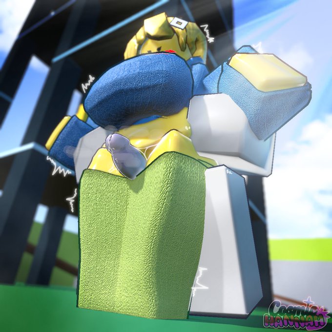 1boy, 1girls, 3d, blue shirt, cosmichannah, crossroads (roblox), female artist, noob, noob (roblox), roblox, robloxian, tagme, thigh sex, thighjob, yellow skin
