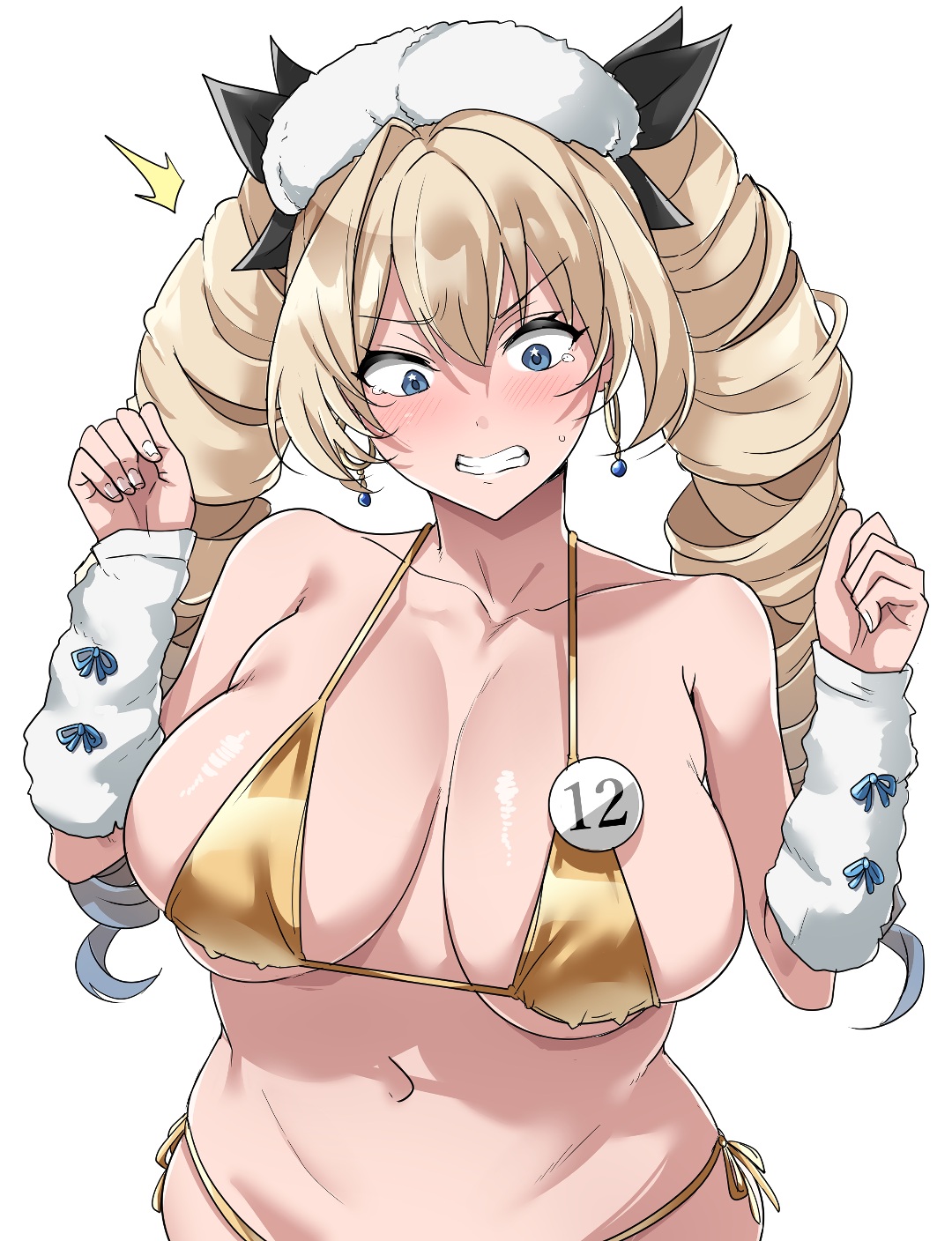 1girls, arm warmers, arms up, bikini, blonde hair, blue eyes, blush, breasts, clenched teeth, drill hair, earrings, first porn of character, goddess of victory: nikke, gold bikini, jewelry, large breasts, long hair, nabe taro, navel, side-tie bikini bottom, simple background, skindentation, solo, tearing up, twin drills, twintails, white background, wide hips, yoyo (nikke)