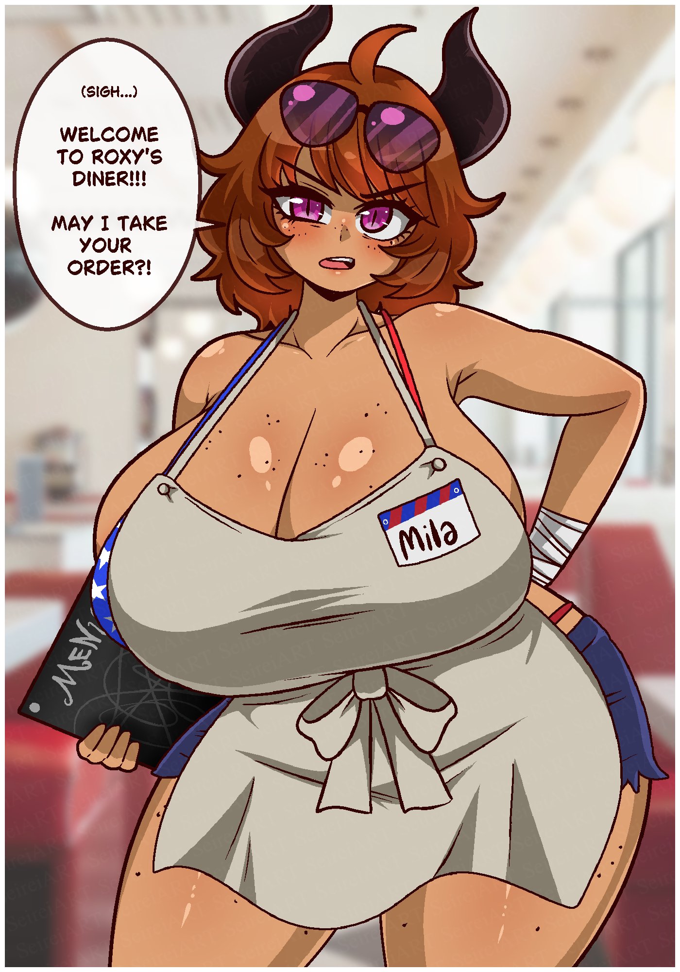 1girls, american flag bikini, apron, bandage wraps, booty shorts, breasts, brown hair, demon, demon girl, demon horns, dialogue, diner, female, freckles, freckles on breasts, freckles on face, freckles on thighs, horns, huge breasts, menu, menu board, mila (seireiart), name tag, original, seireiart, sunglasses, tan body, thick thighs, waitress, waitress uniform