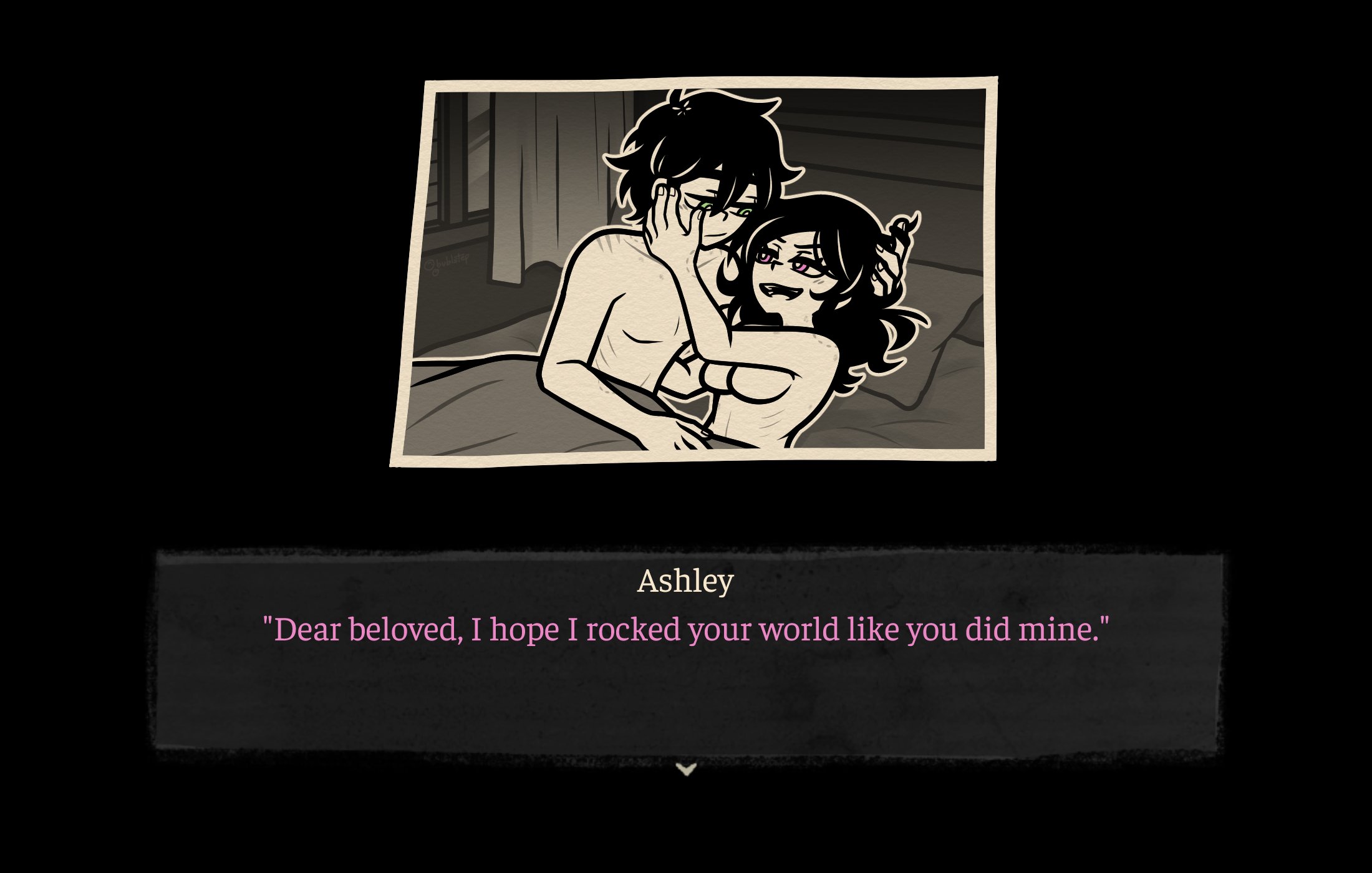 1boy, 1girls, 2d, after sex, andrew graves, ashley graves, bed, bite mark, bite marks, black hair, breasts, brother and sister, bublstep, caressing face, couple, cuddling, dialogue, english text, eye contact, female, green eyes, hand in hair, hand on cheek, incest, looking at each other, lying on bed, male, nude, pink eyes, scratch marks, scratches, siblings, straight, the coffin of andy and leyley, wholesome incest