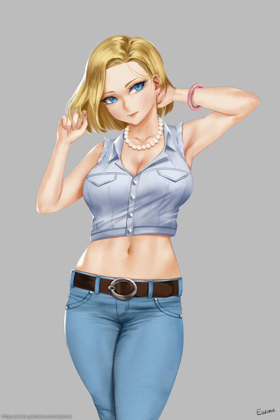 1girls, android, android 18, big breasts, blonde hair, blue eyes, bob cut, breasts, cleavage, clothed, clothed female, clothing, dragon ball, dragon ball z, easonx, female, female only, fully clothed, large breasts, mature female, milf, navel, necklace, pearl necklace, short hair, solo, solo female, solo focus, standing