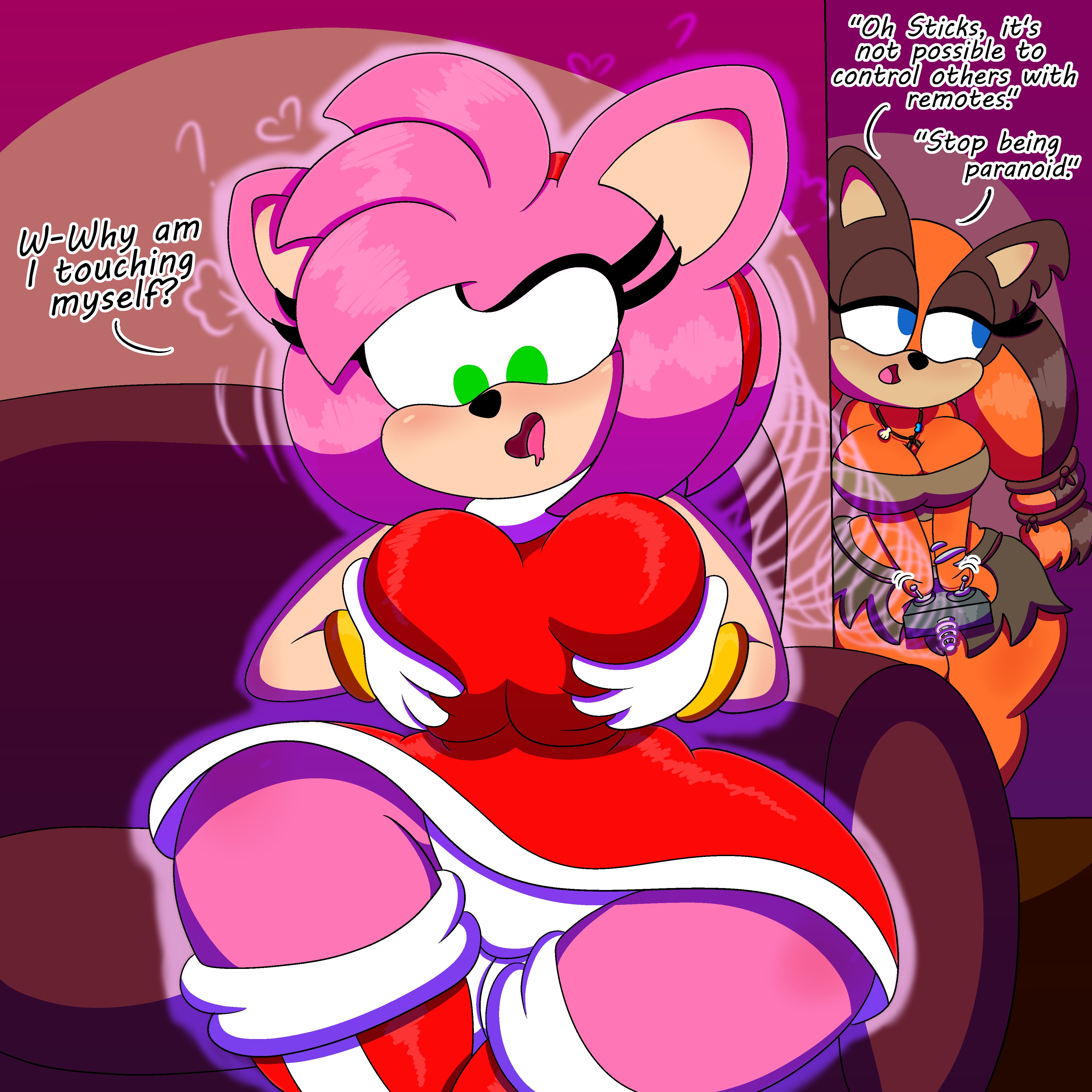 1:1, 2girls, 3barts, absurd res, accessory, aged up, amy rose, anthro, badger, big breasts, blue eyes, body control, bottomwear, breast grab, breast play, breast squeeze, breast squish, breasts, brown body, brown fur, cleavage, clothed, clothing, controller, curvaceous, curvy figure, digital drawing (artwork), digital media (artwork), dress, english text, eulipotyphlan, eyelashes, female, female masturbation, female/female, fingers, fur, furniture, gloves, green eyes, grope, hair, hair accessory, hairband, hand on breast, handwear, headband, hedgehog, hi res, highres, holding breast, hourglass figure, huge breasts, jewelry, large breasts, mammal, masturbation, midriff, mind control, multicolored body, multicolored fur, mustelid, musteline, necklace, on sofa, orange body, orange fur, panties, panty shot, pink body, pink fur, pink hair, remote control, sega, self fondle, short hair, shortstack, sitting, sitting on sofa, skirt, small waist, sofa, sonic (series), sonic boom, sonic the hedgehog (series), squish, sticks the badger, sticks the jungle badger, tan body, tan fur, text, thick thighs, topwear, tube top, two-tone body, two-tone fur, underwear, voluptuous, wide hips
