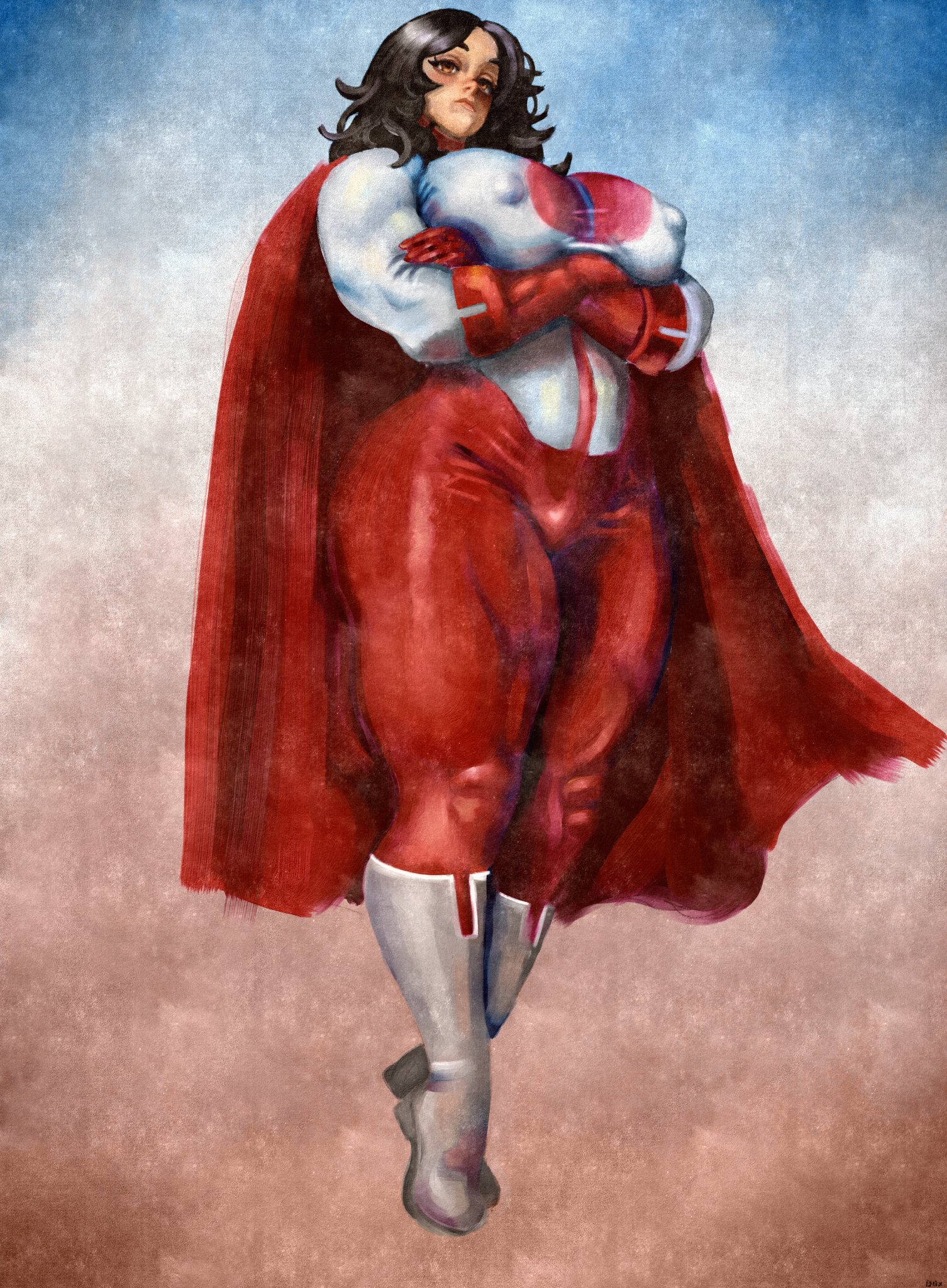 1girls, big breasts, black hair, cape, dixxbedru, fair skin, fair-skinned female, female, female only, high resolution, highres, hourglass figure, hourglass figured female, hourglass figured humanoid, humanoid, humanoid alien, invincible, invincible (comics), invincible (tv series), jpeg, muscular arms, muscular female, nipples visible through clothing, nolan grayson, omni-man, omni-woman, rule 63, sky, solo, solo female, solo focus, superhero, superhero costume, superheroine, twitter link, viltrumite, voluptuous, voluptuous body, voluptuous female