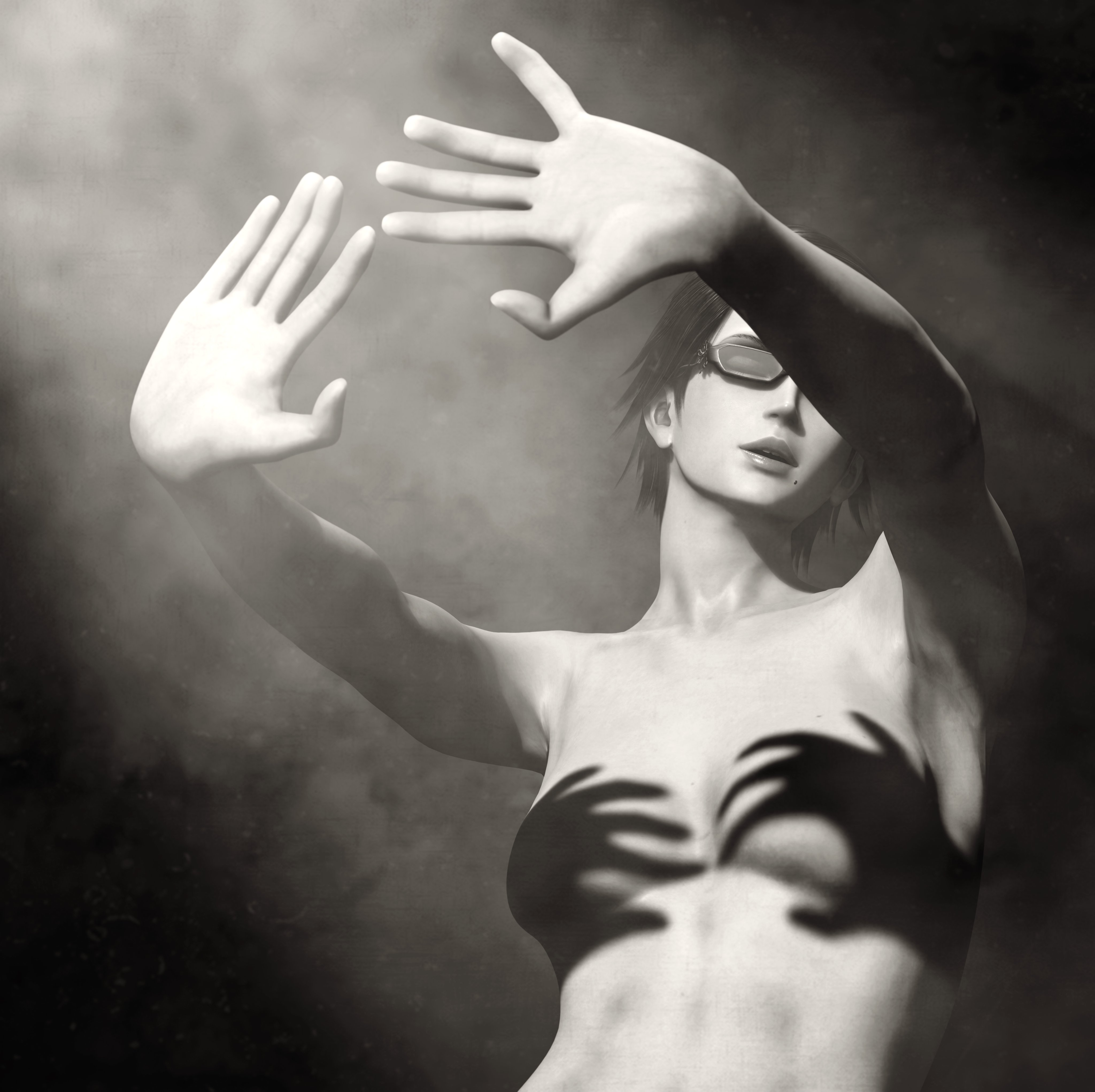 arms up, bayonetta, bayonetta (character), bayonetta (series), bayonetta 2, black hair, breasts, glasses, hand shadow covering breasts (meme), hands casting shadow, jrrizzoyt, meme, monochrome, nude, one eye closed