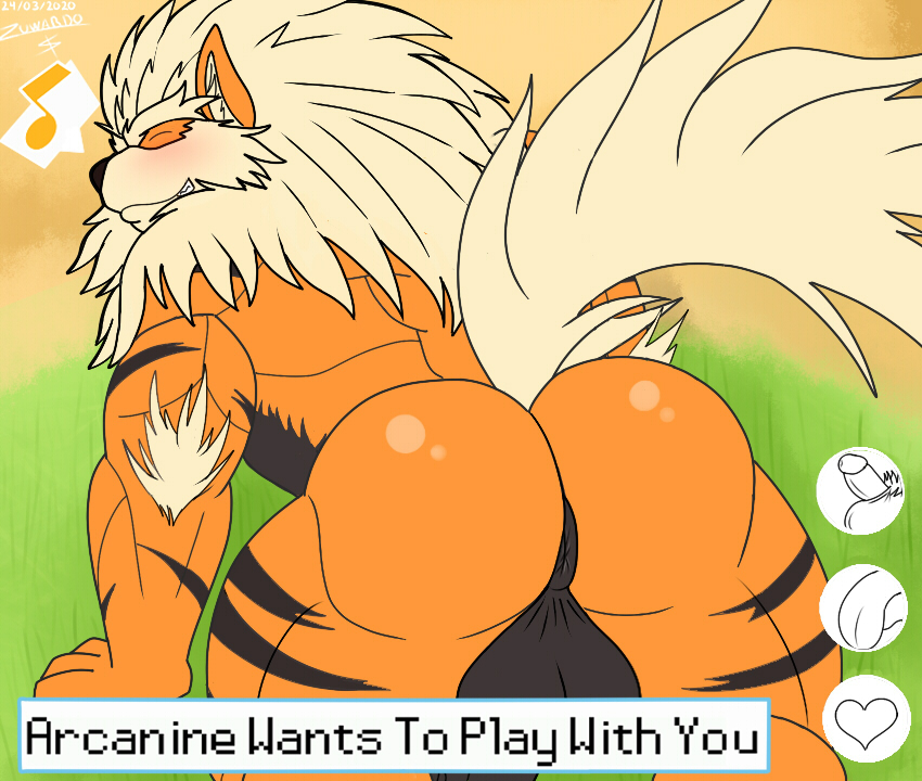 2020 anthro anus arcanine ass balls big_butt big_penis black_body black_fur black_hair black_hair_bottom blue_eyes blush canid canine claws closed_eyes clothing domestic_dog domination fur furry furry_only gay genitals hair happy humanoid_genitalia humanoid_penis legwear light_hair_on_dark_hair looking_at_viewer looking_back looking_back_at_viewer male male/male male_only mammal muscular muscular_male musical_note nintendo orange_body orange_fur penis pokémorph pokemon pokemon_(species) presenting presenting_hindquarters raised_tail simple_background smile solo stripes video_games white_hair white_hair_on_black_hair white_hair_top wide_hips zuwardo