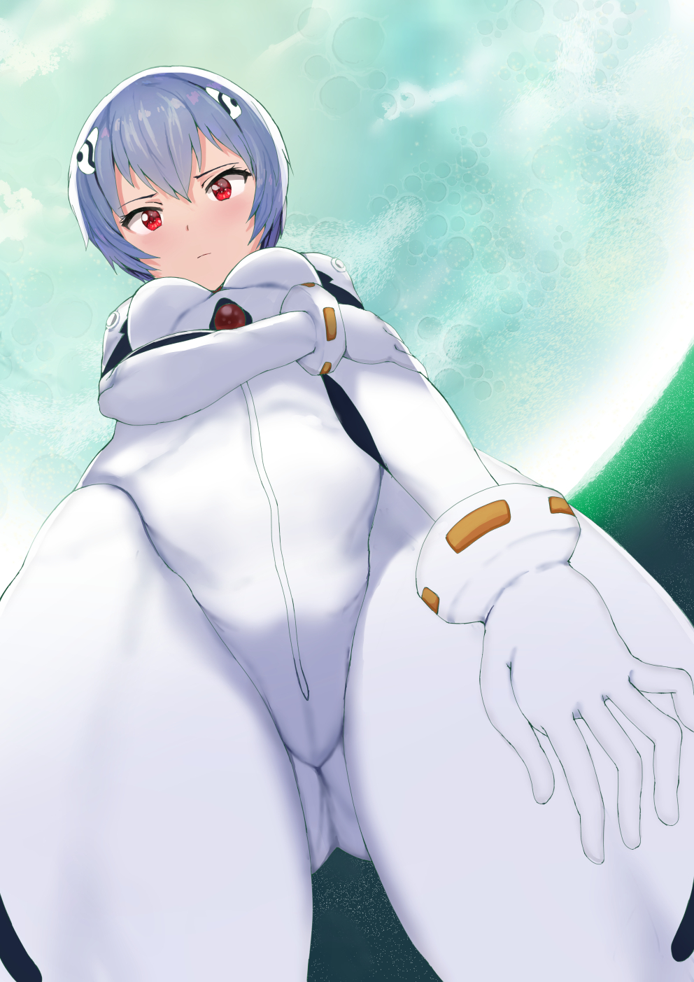 1girls, big breasts, blue hair, blush, bodysuit, breasts, cameltoe, clothing, embarrassed, expressionless, female, female only, human, interface headset, light skin, light-skinned female, looking down, medium breasts, moon, neon genesis evangelion, pale skin, pale-skinned female, pilot suit, plugsuit, pussy, red eyes, rei ayanami, short hair, skj 77o, solo, solo female, solo focus, thick thighs, worm's-eye view