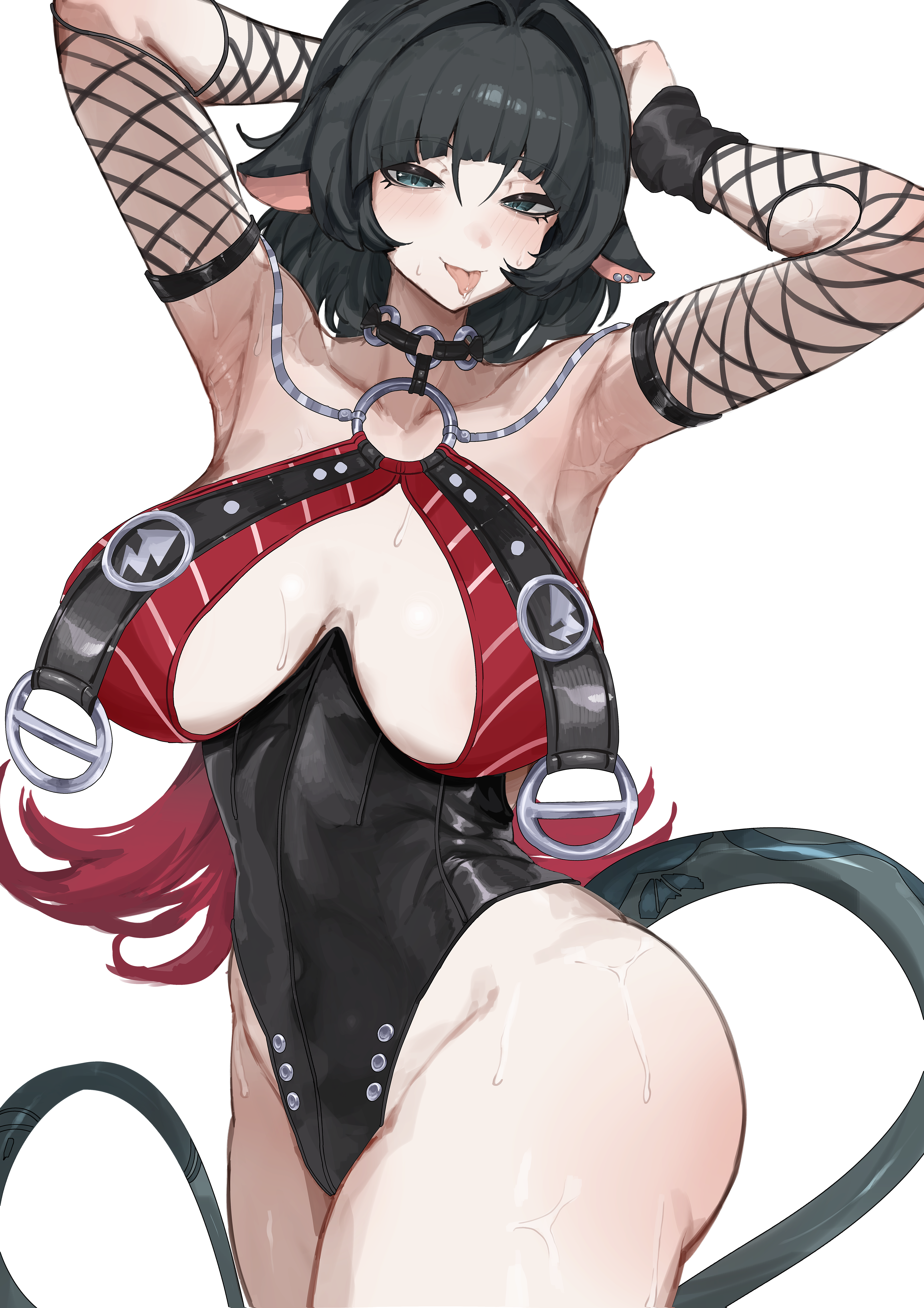 1girl, absurdres, animal ears, armpits, arms up, ass, big breasts, black hair, black one-piece swimsuit, blue eyes, breast curtains, breasts, choker, cleavage, collarbone, commentary, cowboy shot, earrings, english commentary, fishnet sleeves, fishnets, grey tail, hair intakes, half-closed eyes, highres, jane doe (nocturne of light) (zenless zone zero), jane doe (zenless zone zero), jewelry, large breasts, leather leotard, long hair, looking at viewer, mouse ears, mouse girl, mouse tail, multicolored hair, notched ear, o-ring, o-ring choker, o-ring one-piece swimsuit, official alternate costume, one-piece swimsuit, quadzlnw, red hair, simple background, solo, sweat, swimsuit, tail, tongue, tongue out, two-tone one-piece swimsuit, very long tail, very sweaty, white background, zenless zone zero