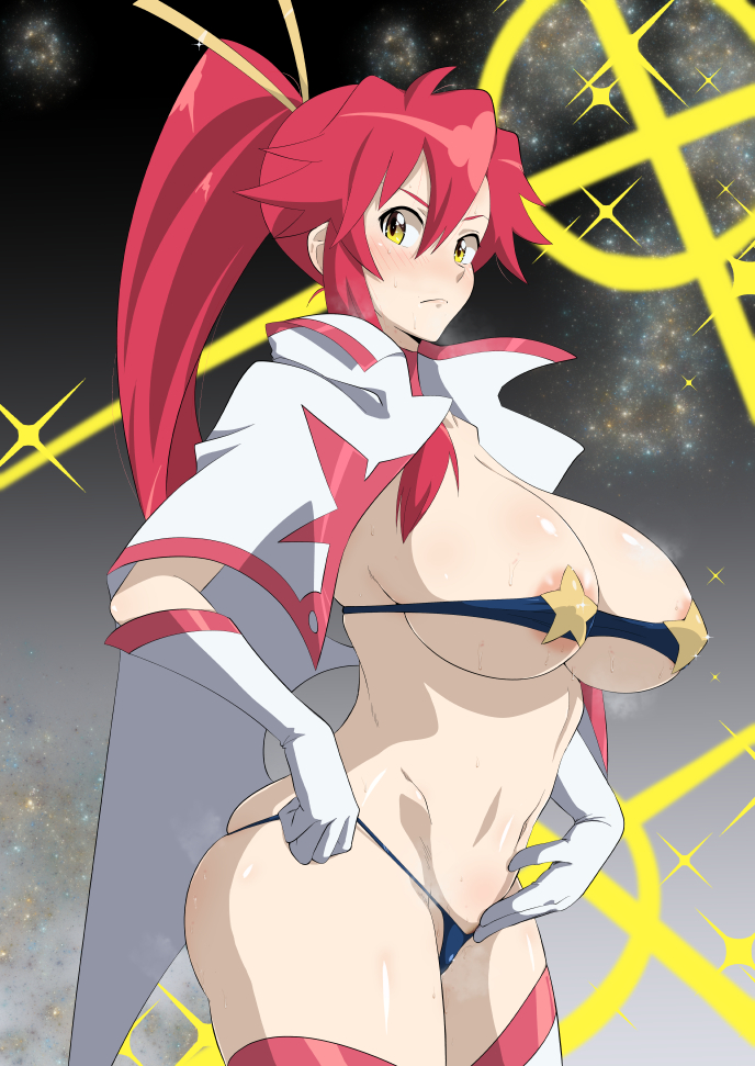 ass, big ass, big breasts, blush, breasts, female, female only, hourglass figure, long hair, minpei ichigo, nipples, nipples visible through clothing, ponytail, red hair, solo, solo female, solo focus, space yoko, tengen toppa gurren lagann, thick thighs, yellow eyes, yoko littner