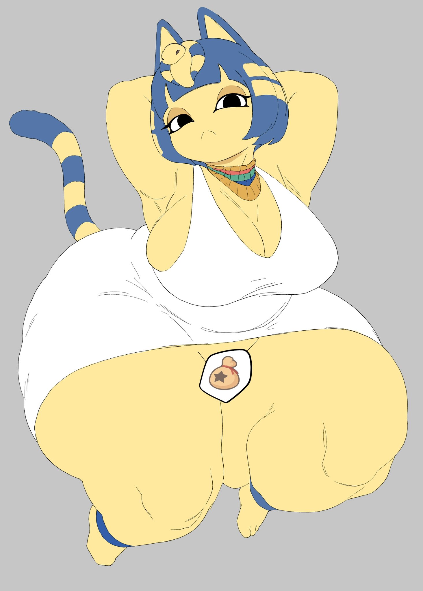 animal crossing, ankha, armpits, arms up, big breasts, black eyes, blue hair, breasts, cat ears, cat girl, cat tail, chubby, chubby female, cleavage, covered pussy, dress, dumptruck ass, hands behind head, huge breasts, large breasts, large female, looking at viewer, necklace, riceoctopii, short hair, sideboob, tagme, thick thighs, thunder thighs, tight clothing, voluptuous, wide hips, yellow fur