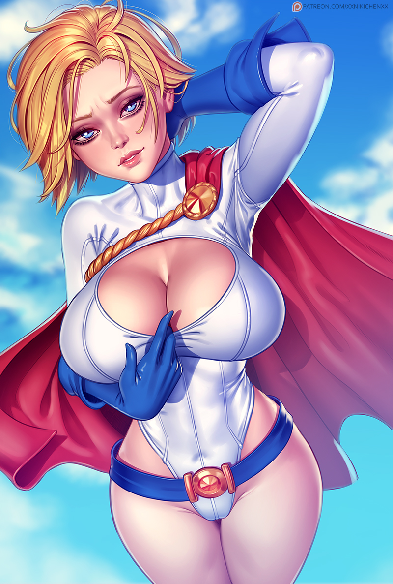 1girls, big breasts, boob window, breasts, cleavage, dc, dc comics, female, female only, karen starr, large breasts, leotard, looking at viewer, power girl, solo, superman (series), xxnikichenxx