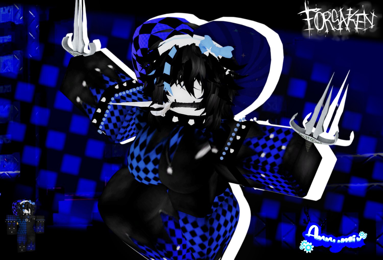 1girls, 3d, arrymix, cosplay, dagger, female, forsaken (roblox), jester, jester hat, jester two time, party two time, reference image, roblox, roblox game, robloxian, tagme, two time