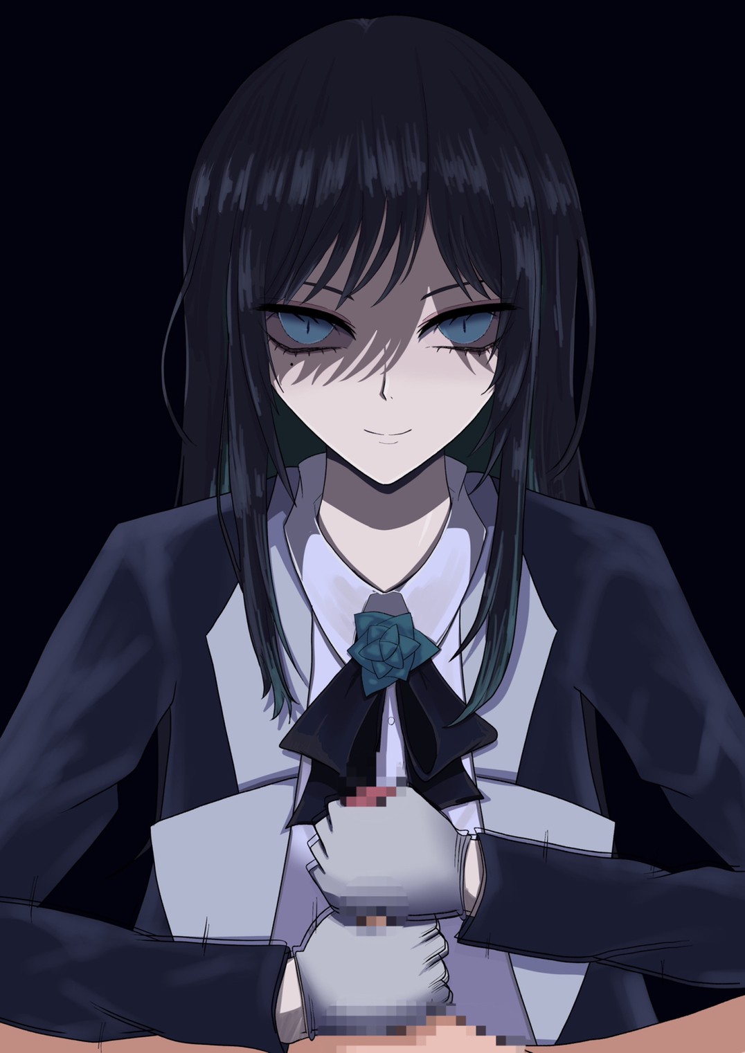 1boy1girl, 2022, 2d, 2d (artwork), ado, ado (music-artist), ado (utaite), black background, black hair, blue eyes, censored, censored penis, chando (ado), clothed, clothing, color, colored, digital media (artwork), female, fully clothed, hair, hand on penis, handjob, hands, hari., hi res, light skin, light-skinned female, looking at partner, looking at viewer, male, male/female, masturbating, mosaic censoring, penis, point of view, pov, pov male, simple background, singer, smile, smile at viewer, smiling at viewer, upper body