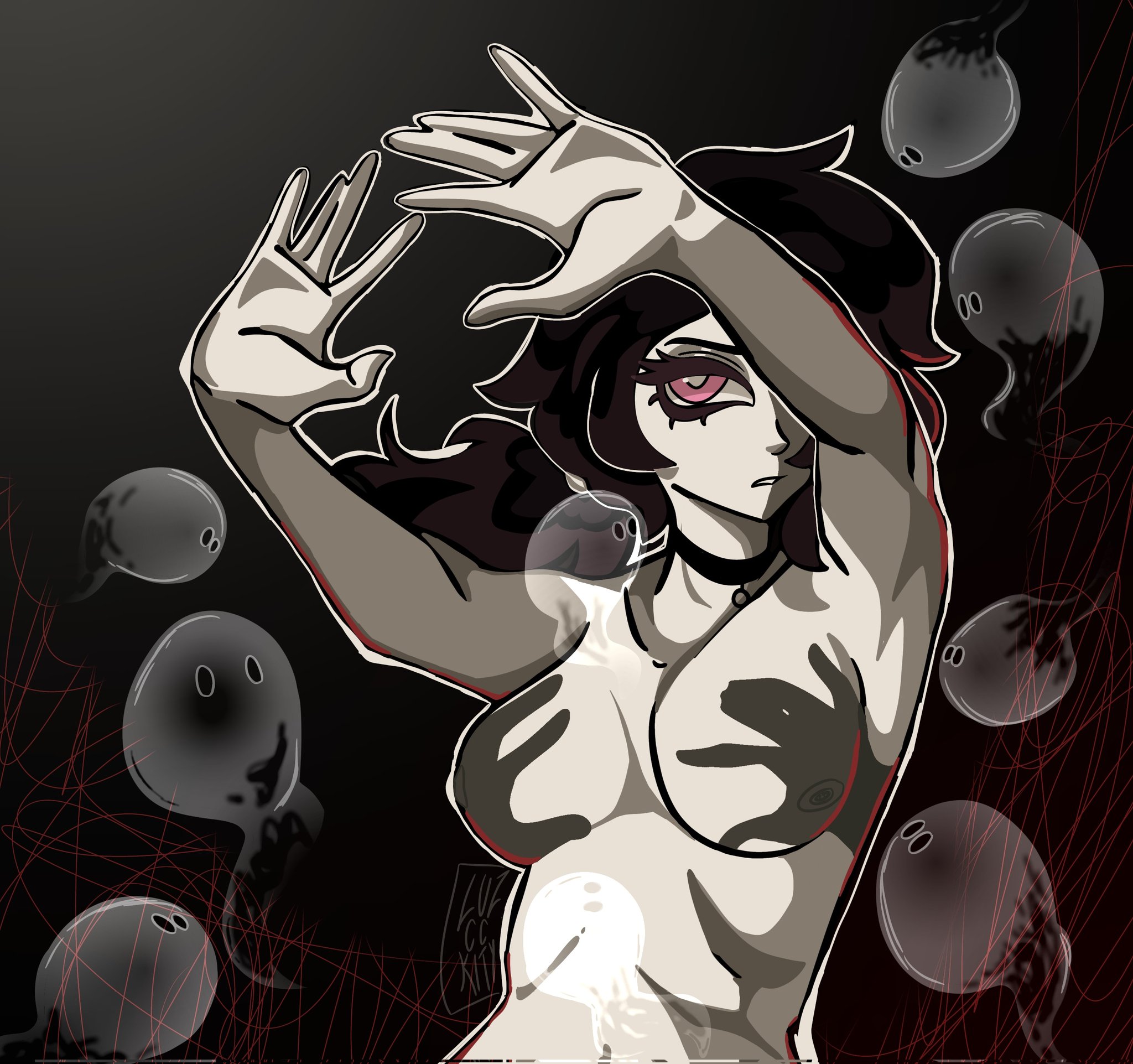 1girls, 2d, armpits, artistic nude, ashley graves, black hair, breasts, choker, convenient censoring, female, female only, hands, hands casting shadow, luzcckity, nude, pink eyes, ponytail, shadow, shadow censor, solo, solo female, souls, the coffin of andy and leyley