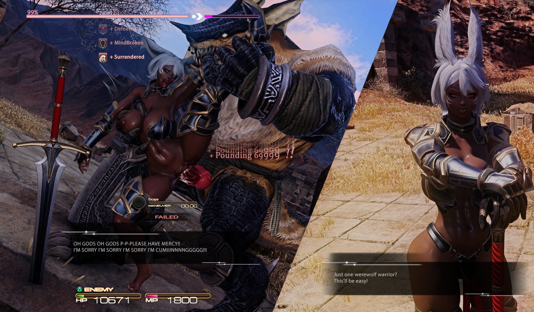 2koma, anonorenk, armor, dark-skinned female, defeated, defeated heroine, english text, final fantasy, final fantasy xiv, fucked into submission, fucked senseless, fucked silly, gameplay mechanics, helpless, instant loss 2koma, monster, rape, raped by enemy, raped by monster, raped female, rough sex, standing on one leg, standing sex, sword, tagme, viera