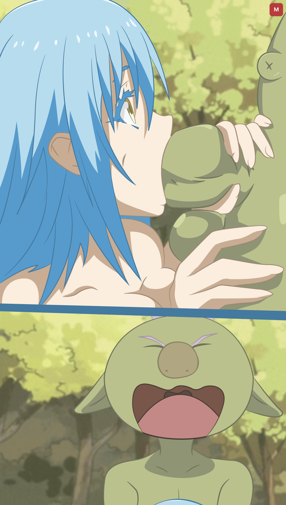 blue_hair fellatio female goblin goblin_male gobta green_skin hobgoblin male mytooncartoon rimuru_tempest size_difference small_dom_big_sub smaller_male tensei_shitara_slime_datta_ken