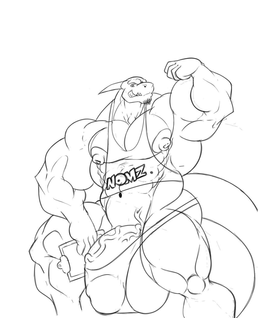 5_fingers anthro balls beard big_balls big_bulge big_muscles big_penis bulge clothing dragon facial_hair fangs fingers flexing genitals hi_res holding_object horn huge_balls huge_bulge huge_cock huge_muscles hyper hyper_balls hyper_bulge hyper_genitalia hyper_muscles hyper_penis jose6z looking_at_viewer male male_only monochrome muscular navel nipples penis sachiel_666 scalie sketch smile solo sweatshirt text underwear vein veiny_penis western_dragon