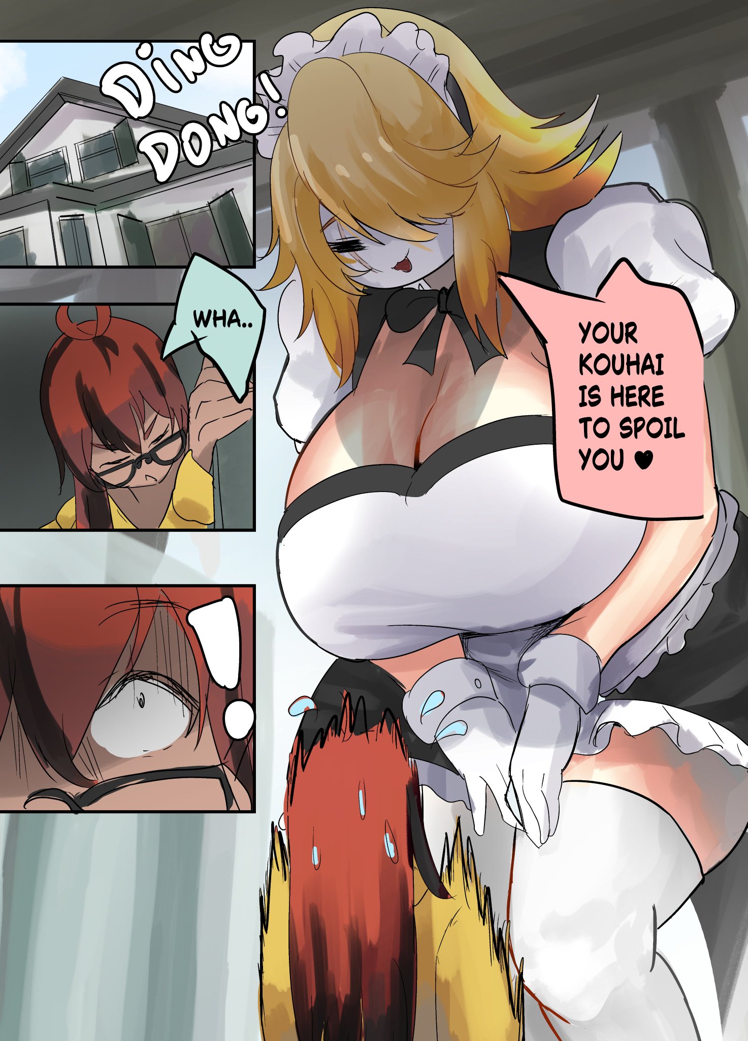 bakalorin, blonde female, blonde hair, blonde hair female, giantess, knees bent, locket white (bakalorin), looking down, looming over, maid, maid uniform, mini giantess, onomatopoeia, shoiichii, shy gal, text bubble