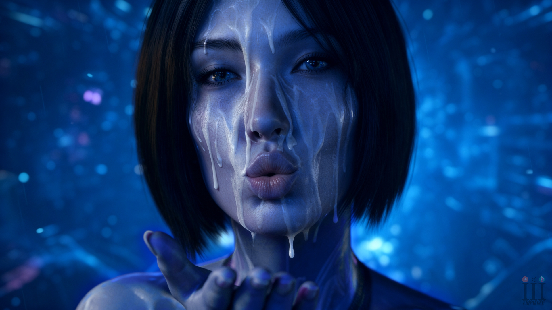 1girls, ai assisted, blowing kiss, blue body, blue eyes, blue hair, blue skin, bukkake, close-up, cortana, cum, cum on face, facial, female, halo (series), highres, looking at viewer, patreon, short hair, tripleize, wallpaper, watermark