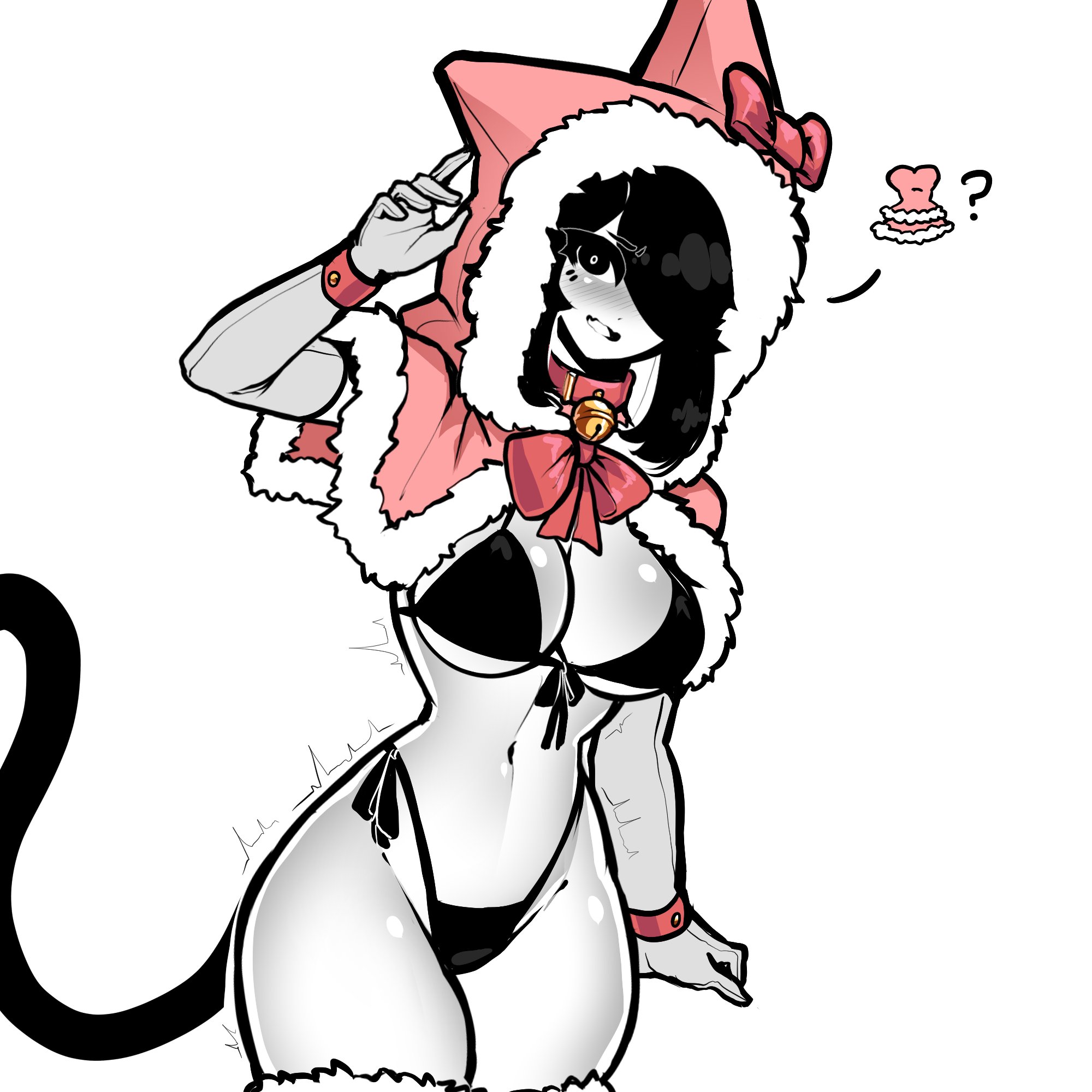 ?, 1girls, 2025, animal ear hood, bell collar, bikini, black bikini, black hair, blush, bow, breasts, capelet, cat tail, catgirl, catte (tekona), christmas, cleavage, collar, cute, elbow gloves, facial markings, fur trim, gloves, hair over one eye, hairbow, highleg, highleg bikini, hood, hood up, hooded capelet, large breasts, looking at viewer, navel, oc, one arm up, open mouth, original, original character, side-tie bikini, standing, tagme, tail, tekona, thick thighs, thighs, trembling