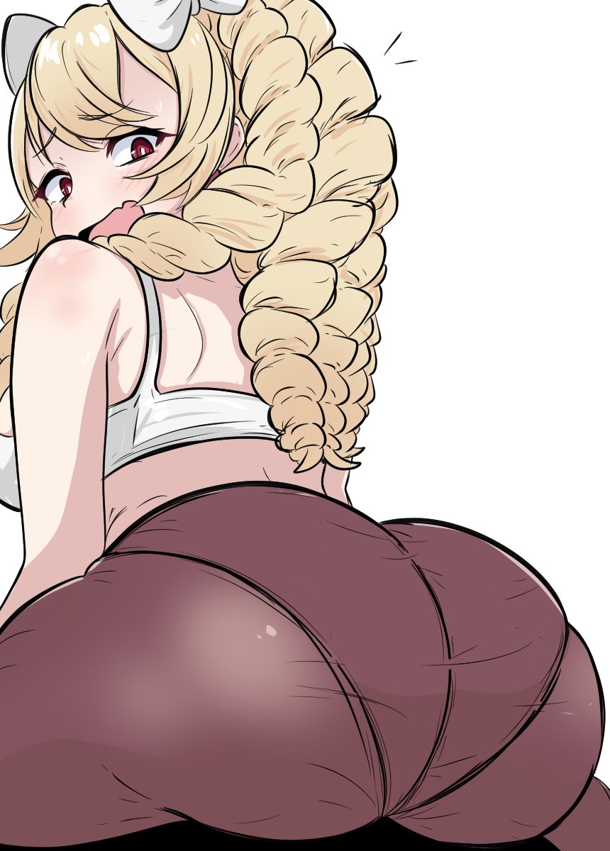 1girl, ass, ass focus, bare back, bare shoulders, big ass, blonde hair, blush, bow, bra, breasts, brown pantyhose, crop top, drill hair, fang, female, female only, fire emblem, fire emblem awakening, from behind, frown, full back panties, hair bow, hair ornament, highres, looking back, looking down, maribelle (fire emblem), medium breasts, open mouth, panties, panties under pantyhose, pantyhose, pantylines, red eyes, ribbon, shoulder blades, sitting, skin fang, solo, tavi (hosheezus), underwear, underwear outline, white background, white bow, white bra