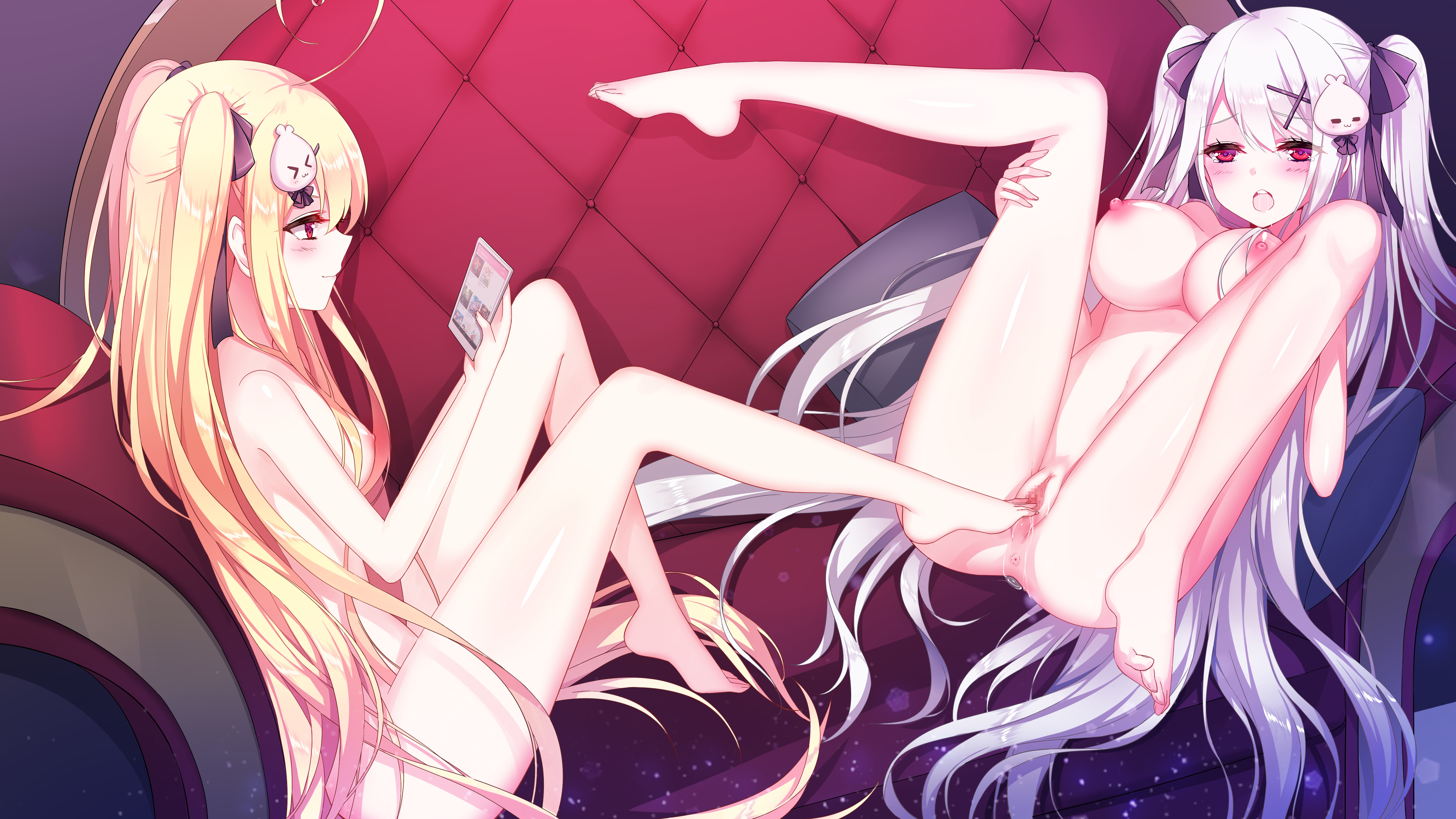 2girls, anus, barefoot, blonde hair, blush, breasts, censored, couch, drooling, female, female footjob, footjob, hair, highres, incest, long hair, niliu chahui, nipples, nude, original, phone, pussy, red eyes, saliva, sisters, spread legs, tears, tokisaki asaba, tokisaki mio, twintails, white hair, yuri