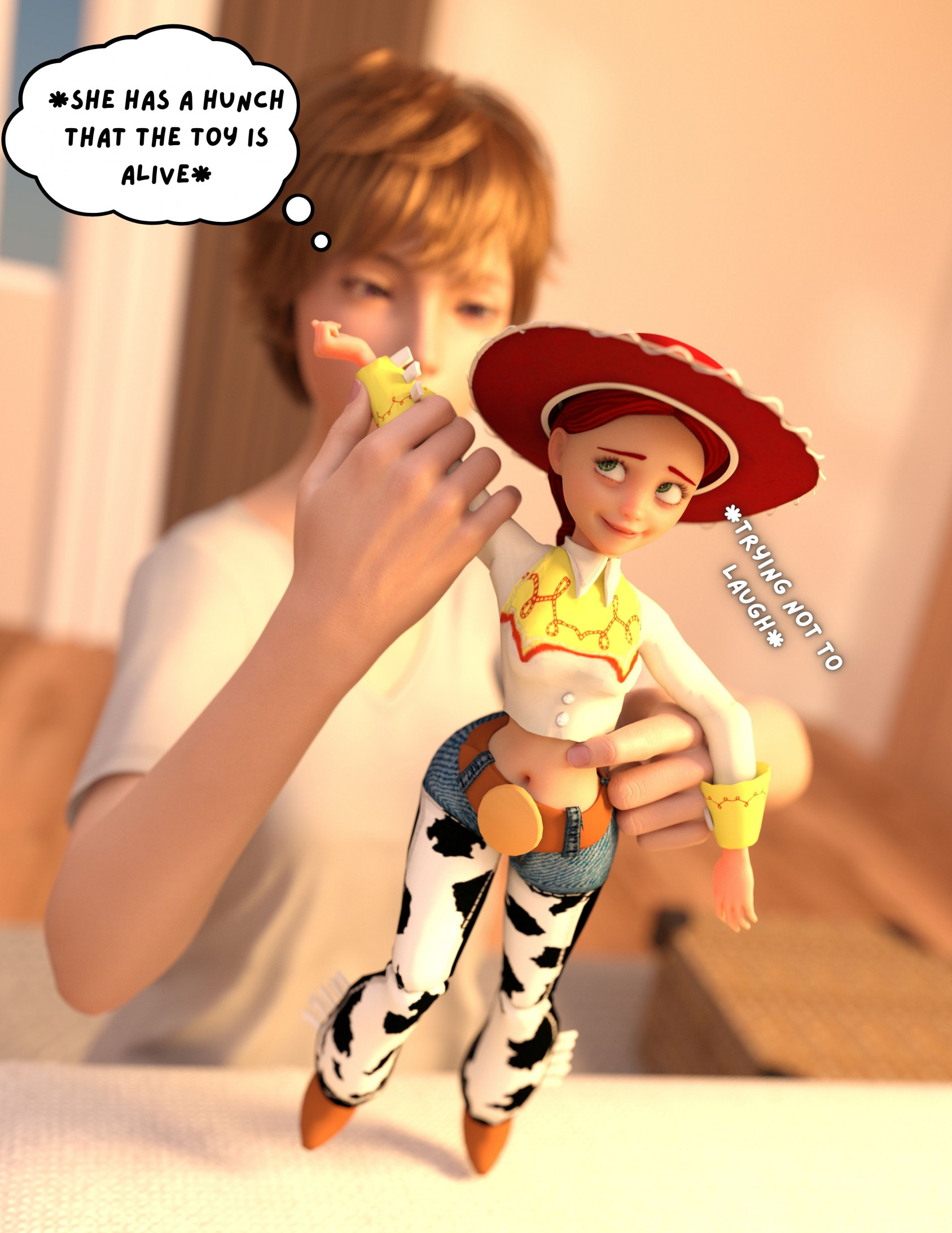 2girls, 3d, 3d (artwork), 3d model, 3d render, 3dcg, back turned, belly, belly button, belly tickling, cowgirl, cowgirl outfit, cute expression, cute face, daz studio, daz3d, doll, doll girl, female, female focus, female only, girls love, girls only, japanese female, jessie (toy story), kaori (zazkinkart), macro/micro, micro, micro macro, microphilia, oc, original character, ragdoll, render, self upload, smaller female, speech bubble, tickle belly, tickle fetish, tickle torture, tiny female, toy, toy girl, toy story, trying not to giggle, trying not to laugh, trying to be quiet, tummy, wholesome, wholesome couple, young adult, yuri, zazkinkart