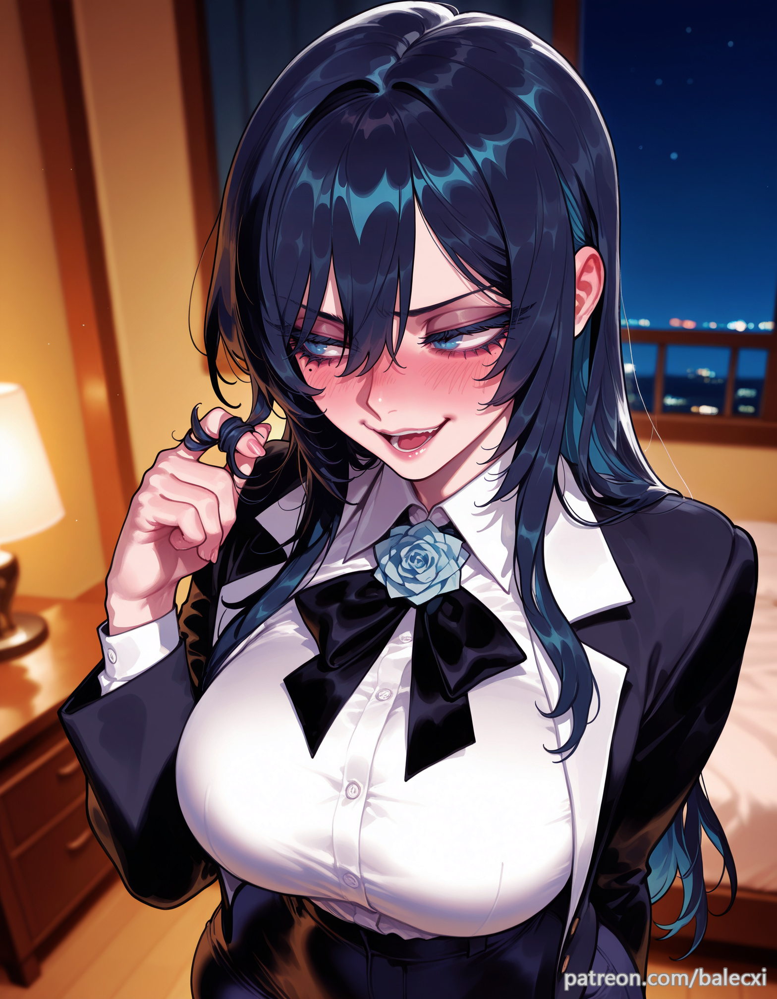 ado (music-artist), ado (utaite), ai generated, averting eyes, balecxi, black bow, black bowtie, black jacket, blue eyes, blue flower, blue hair, blue rose, blush, colored inner hair, dress shirt, female, flower brooch, hair between eyes, hair twirling, large breasts, long hair, long sleeves, open clothes, open mouth, playing with own hair, sidelocks, solo, utaite, white shirt