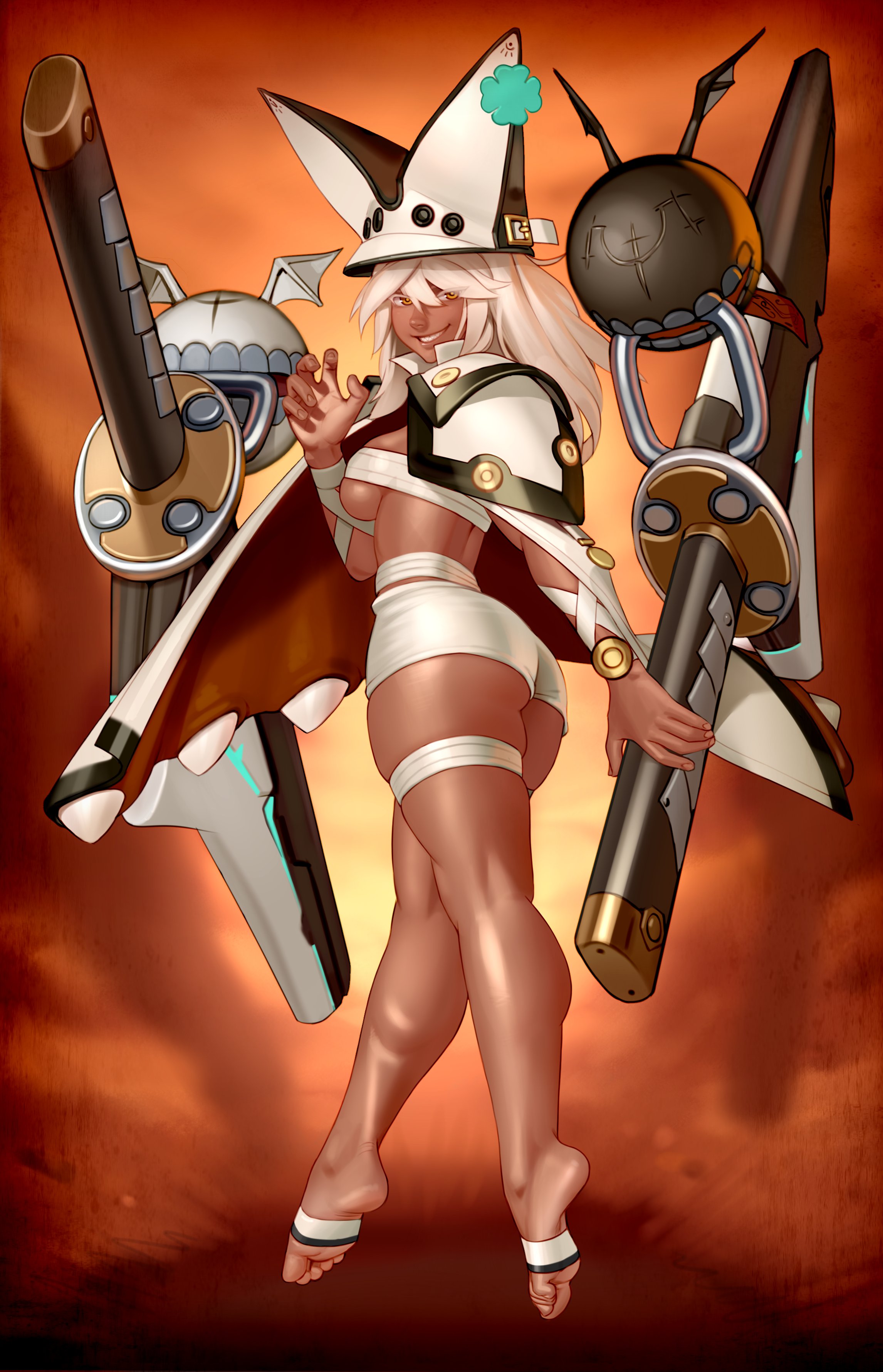 1girls, absurdres, ass, barefoot, big ass, big breasts, breasts, cleavage, dark skin, dark-skinned female, feet, female, female only, guilty gear, guilty gear xrd, highres, kairuhentai, kairunoburogu, large breasts, legs, looking at viewer, looking back, ramlethal valentine, sideboob, smile, soles, solo, toes, underboob, weapon, white hair, yellow eyes