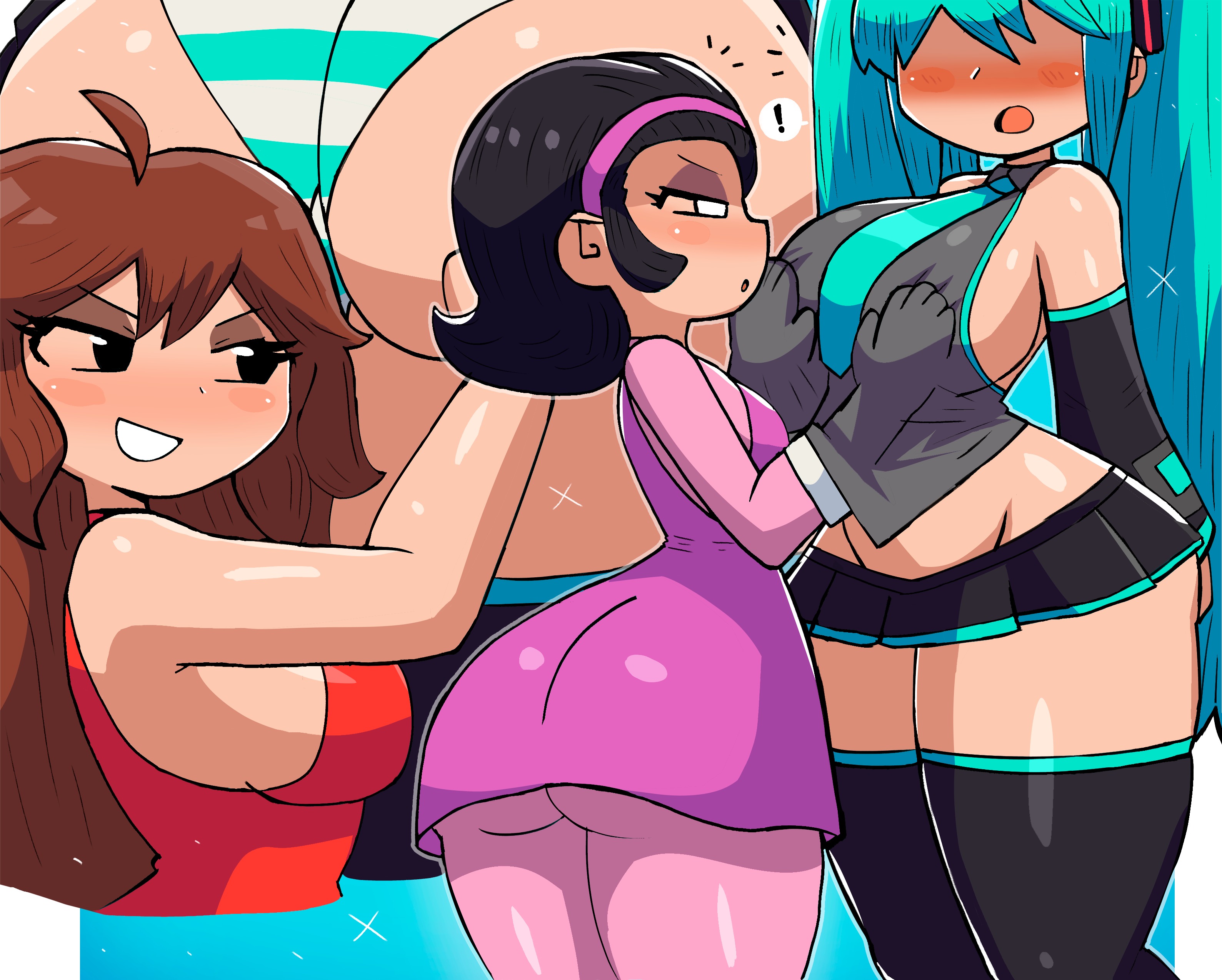 !, 3girls, aqua hair, aqua necktie, ass, black eyes, black hair, black skirt, blush, breast grab, breasts, brown hair, detached sleeves, dress, friday night funkin, girlfriend (friday night funkin), gloves, grabbing, hairband, hatsune miku, large breasts, long hair, multiple girls, necktie, nene (newgrounds), open mouth, panties, pantyhose, pink dress, red dress, shimapan, shirt, sideboob, skirt, smile, striped, striped panties, thick thighs, thighhighs, touching breast, twintails, underwear, very long hair, vocaloid, yuri