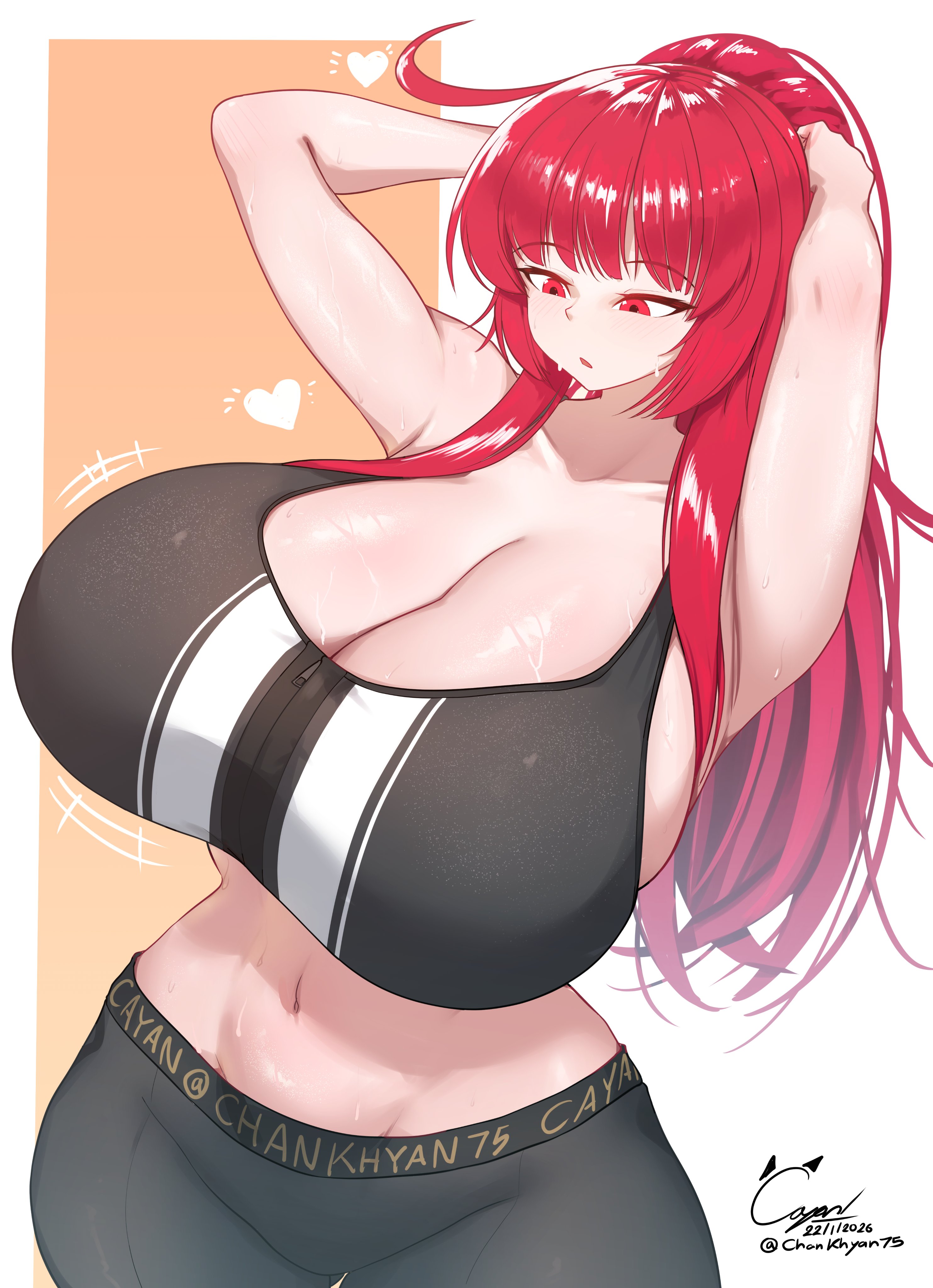 18yo, breasts, breasts bigger than head, chankhyan75, cleavage, huge breasts, looking at own breasts, megumi (chankhyan75), red eyes, red hair, sweat, teenage girl, teenager, tight clothing