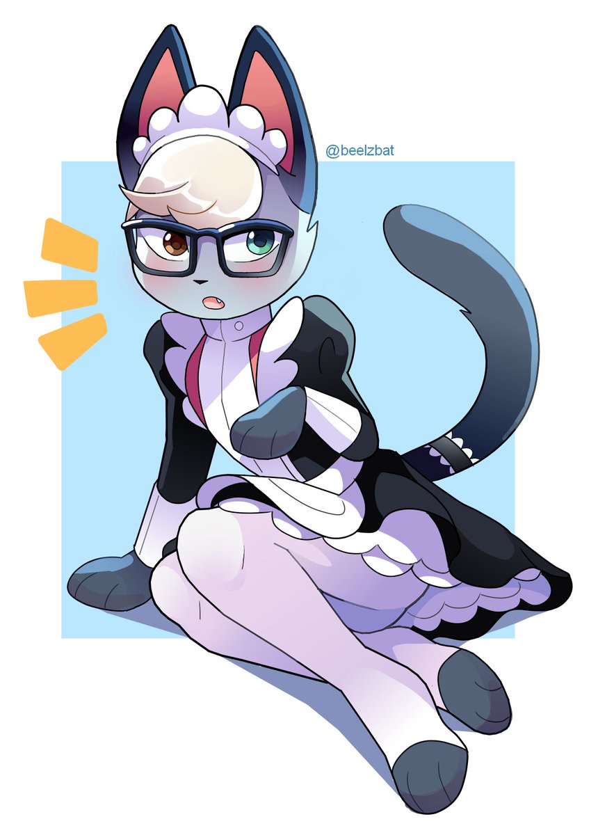 1boy, 2020, animal crossing, anthro, ass, beelzbat (artist), blush, crossdressing, eyewear, feline, glasses, maid, maid uniform, male, male only, nintendo, raymond (animal crossing), solo, solo male, uniform, yaoi