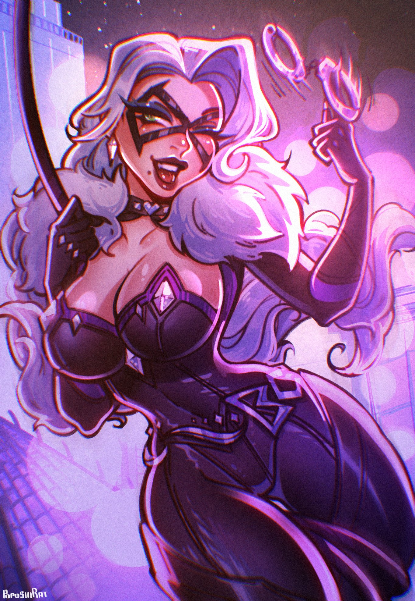 1girls, 2026, 2d, big breasts, black cat (marvel rivals), black cat (marvel), bodysuit, breasts, bursting breasts, choker, cleavage, collar, curvaceous, curvaceous body, curvaceous female, curvaceous figure, curvaceous hips, curvy, curvy body, curvy female, curvy figure, curvy hips, domino mask, earrings, eyelashes, eyemask, felicia hardy, female, green eyes, hips, huge breasts, large breasts, light skin, light-skinned female, marvel, marvel comics, marvel rivals, mask, masked, masked female, massive breasts, poposhirat, seductive, seductive look, skin tight, solo, spider-man (series), superheroine, thick, thick breasts, thick hips, thick lips, thick thighs, tight clothes, tight clothing, voluptuous, voluptuous female, whip, white fur, white hair, wide hips