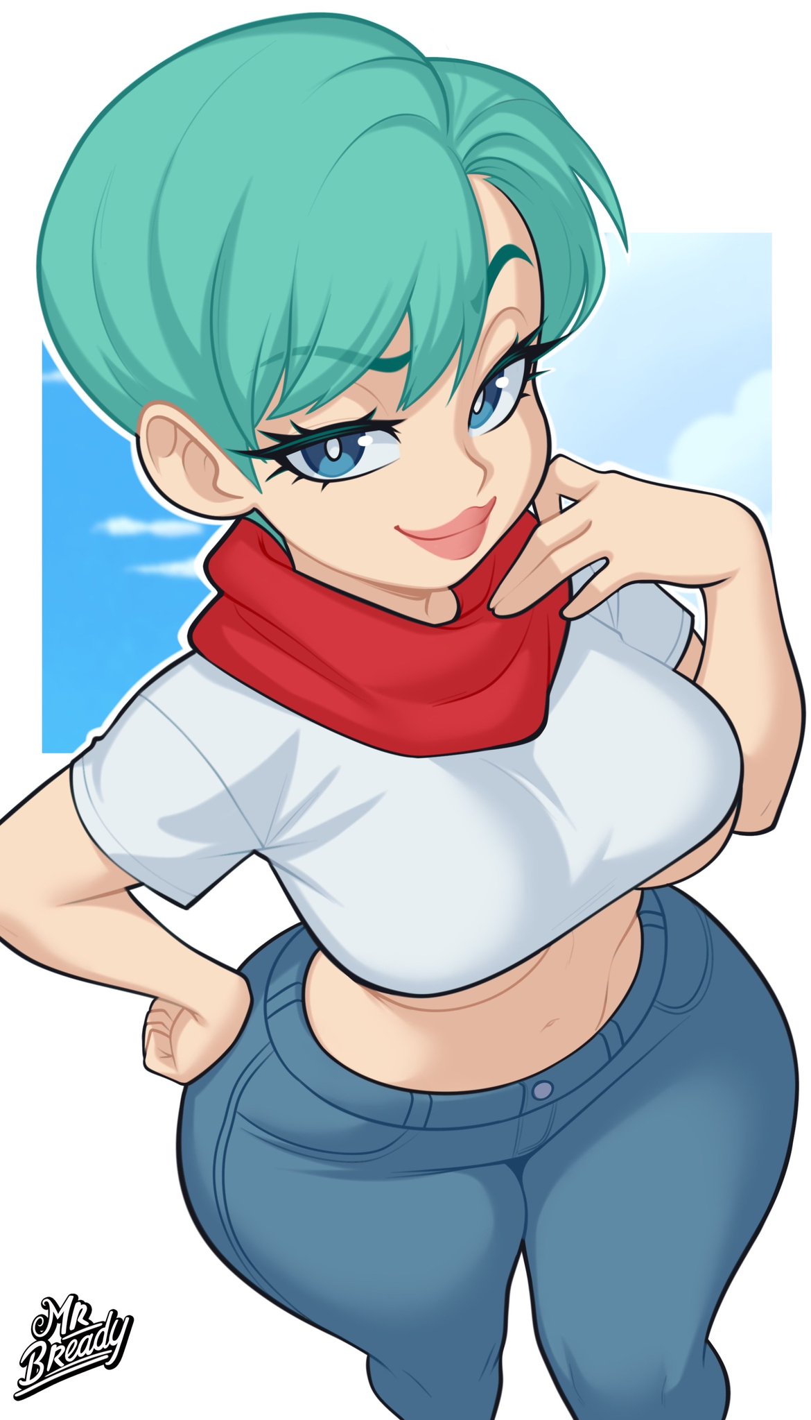 2d, 2d (artwork), 2d artwork, big breasts, big thighs, blue eyes, blue hair, bulma briefs, bulma briefs (dragon ball super), closed smile, curvaceous, curvy, curvy body, curvy female, curvy figure, dragon ball, dragon ball super, eyelashes, hourglass figure, hourglass figured female, mrbready , red scarf, short hair, srbready, thick, thick ass, thick hips, thick thighs, tight clothing