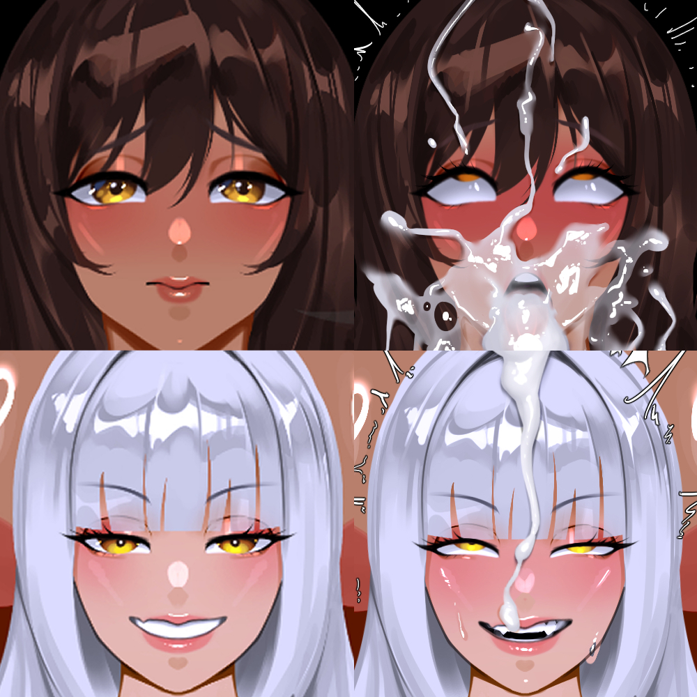 2girls, 777 (nikke), ahe gao, amber eyes, before and after, blanc (nikke), blush, brown hair, cubeskar, cum, cum in mouth, cum on face, cum on hair, dark skin, dark-skinned female, eyebrows, eyebrows visible through hair, fangs, female, full version at paywall, goddess of victory: nikke, lips, lipstick, looking at viewer, noir (nikke), pale skin, pale-skinned female, preview, rolling eyes, skin fang, smiling, smiling at viewer, sweat, tagme, tounge out, twitching, white hair