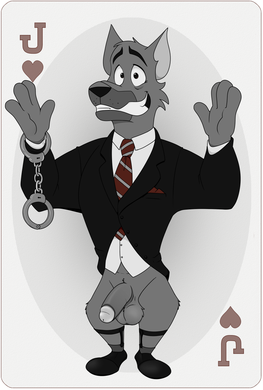 ace_hart anthro balls big_balls big_penis black_tie_(suit) bottomless canid canine canis clothed clothing dog_city domestic_dog fur genitals german_shepherd handcuffs herding_dog hi_res humanoid_genitalia humanoid_penis jack_of_hearts looking_at_viewer male male_only mammal muscular necktie neenya pastoral_dog penis playing_card shackles simple_background smile sock_garters solo suit teeth topwear transparent_background