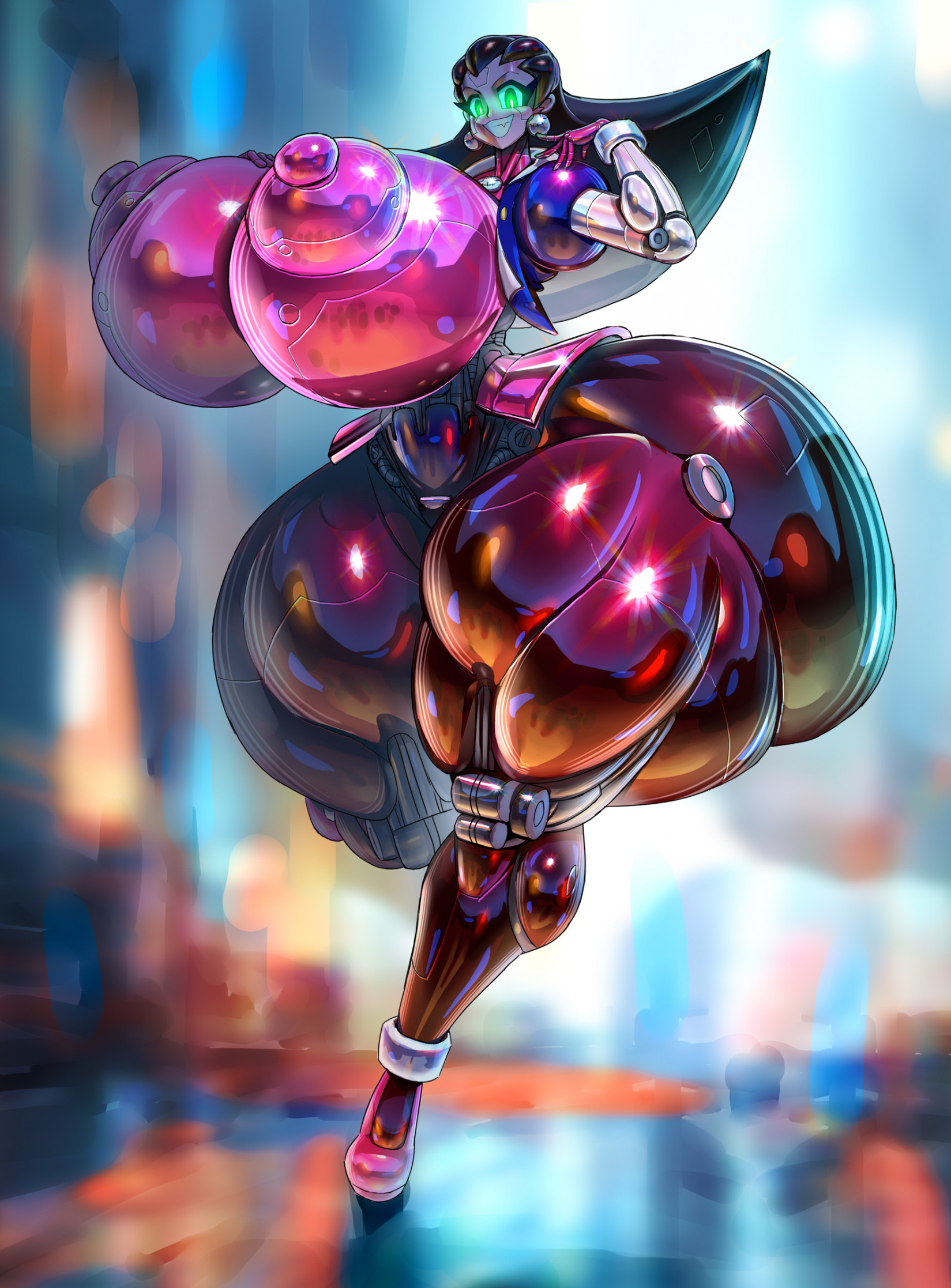 1girls, android, blurry background, breasts, cropped jacket, female, full body, gigantic breasts, glowing eyes, green eyes, grin, huge areolae, hyper ass, hyper breasts, jacket, looking at viewer, mechabare, mechanical, mega man, mega man legends, metal hair, metallic body, noonun, outdoors, puffy nipples, robot girl, shiny skin, solo, sparkles, standing, standing on one leg, thick thighs, thigh boots, tron bonne, very long hair