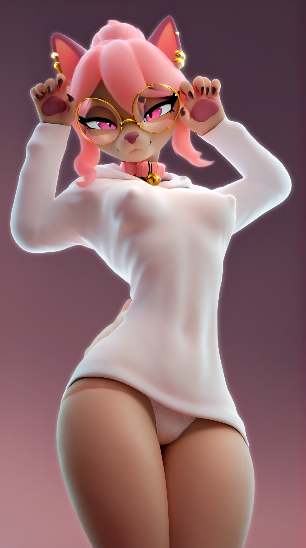 1girls, 3d, 3d (artwork), ai generated, animal tail, anthro, brown fur, cat ears, circle glasses, cxrsy, female, furry, furry female, furry only, glasses, hazel (typh), hoodie, nipple bulge, panties, pink hair, pony diffusion xl, sexy, sexy pose, typh