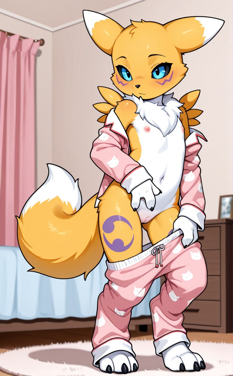 ai generated, anthro, bedroom, black sclera, blue eyes, digimon, digimon (species), female, flat chest, nipples, pajamas, pussy, renamon, undressing, yellow body, young