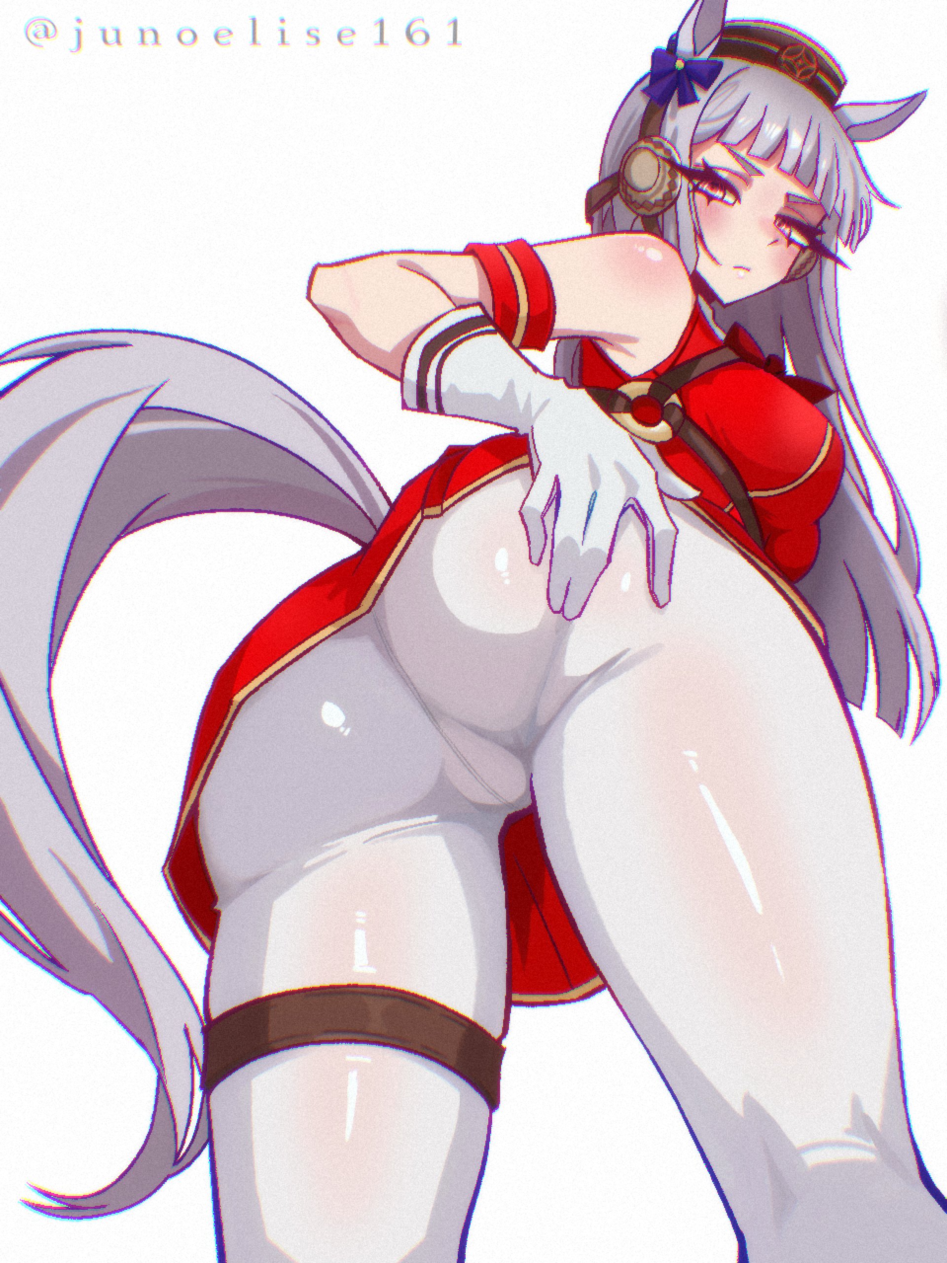 1girls, 2d, 2d (artwork), 2d artwork, 3d (artwork), absurdres, animal ears, armband, ass, bare shoulders, blunt bangs, blush, bow, bowtie, breasts, brown hat, cameltoe, closed mouth, commentary, digital drawing (artwork), digital media, digital media (artwork), dress, ear bow, ear ribbon, female, female focus, female only, from behind, gloves, gold ship (red strife) (umamusume), gold ship (umamusume), grey hair, hand on own ass, hat, highres, horse ears, horse girl, horse tail, hybrid, junoelise, large breasts, long hair, looking at viewer, looking back, looking back at viewer, looking down, looking down at viewer, pantyhose, pillbox hat, purple eyes, red bow, red bowtie, red dress, simple background, sleeveless, sleeveless dress, solo, striped armband, striped clothes, tail, thigh strap, umamusume, white background, white gloves, white pantyhose